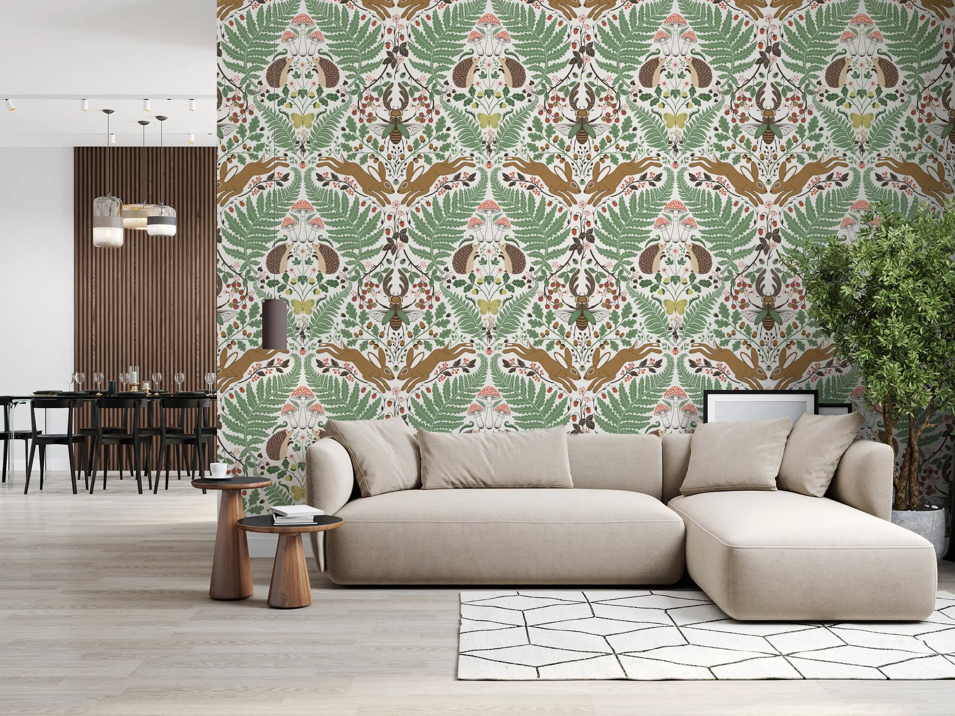 Forest animal wallpaper brightens this open and airy Hallway 
