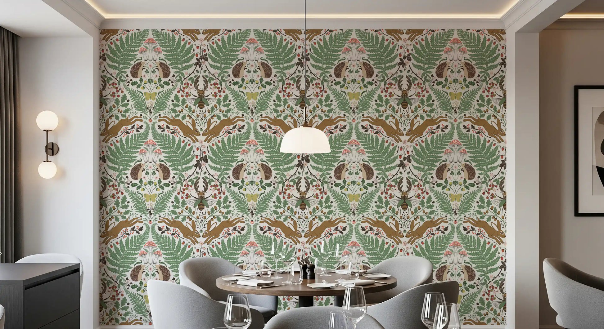 Woodland animals wallpaper with hedgehogs and hares on a cream ground