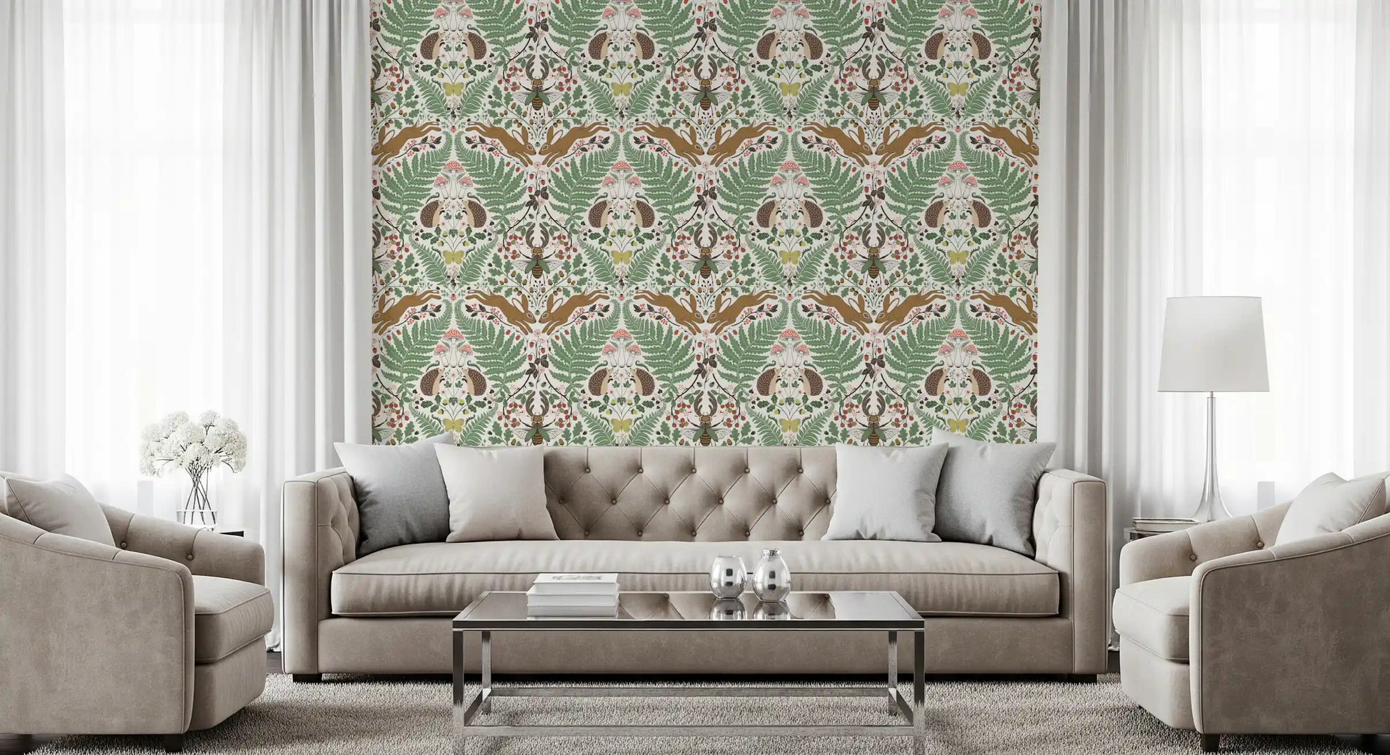 A cosy woodland creatures wallpaper anchors this bright Living room 