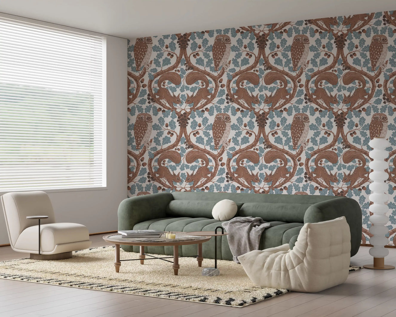 Woodland Whispers/Owls and Squirrels in the Oak/mocha mousse and coffee brown Wallpaper⁠