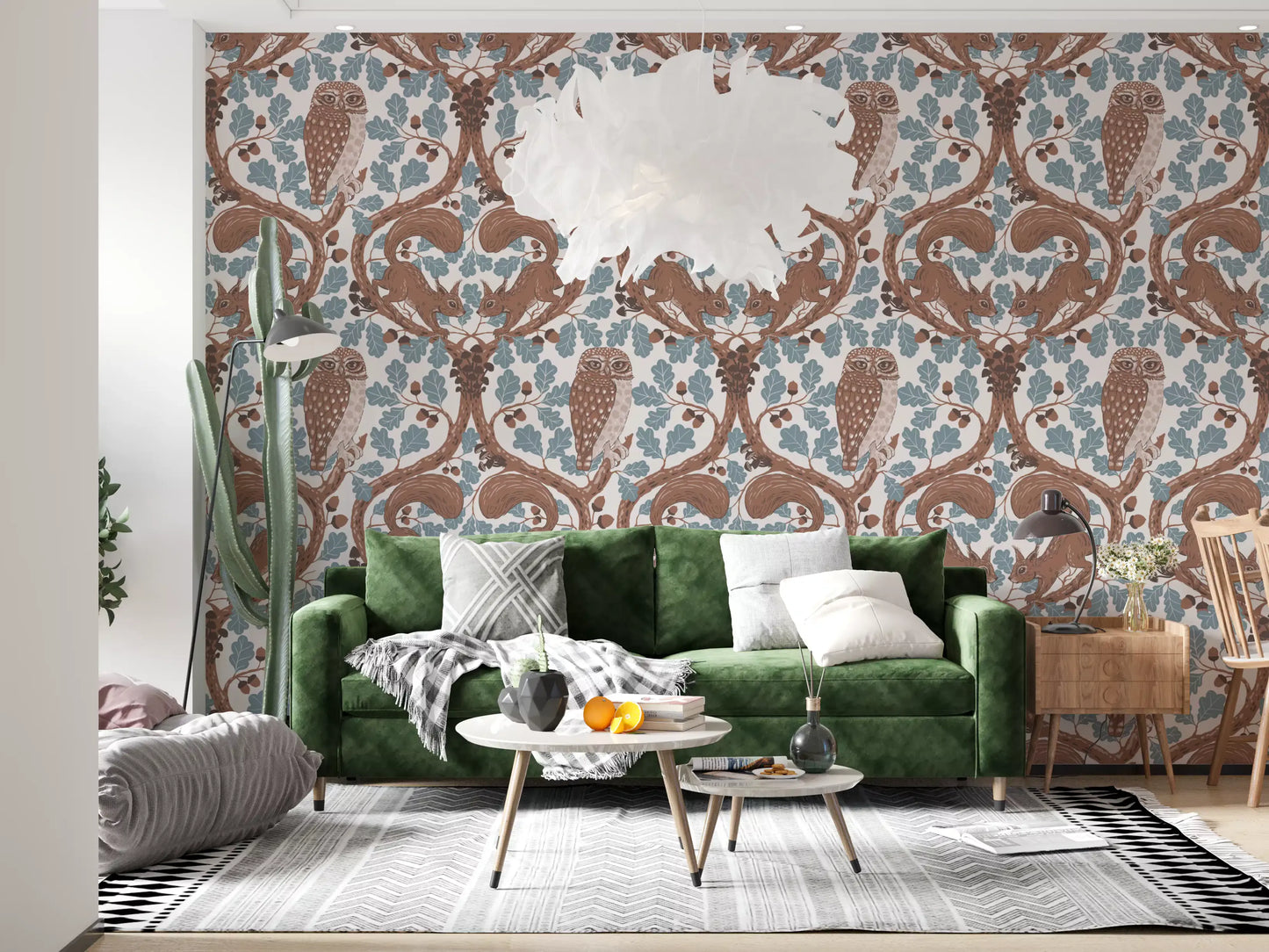 Mocha brown linework over a cream ground gives the owl wallpaper a warm tone