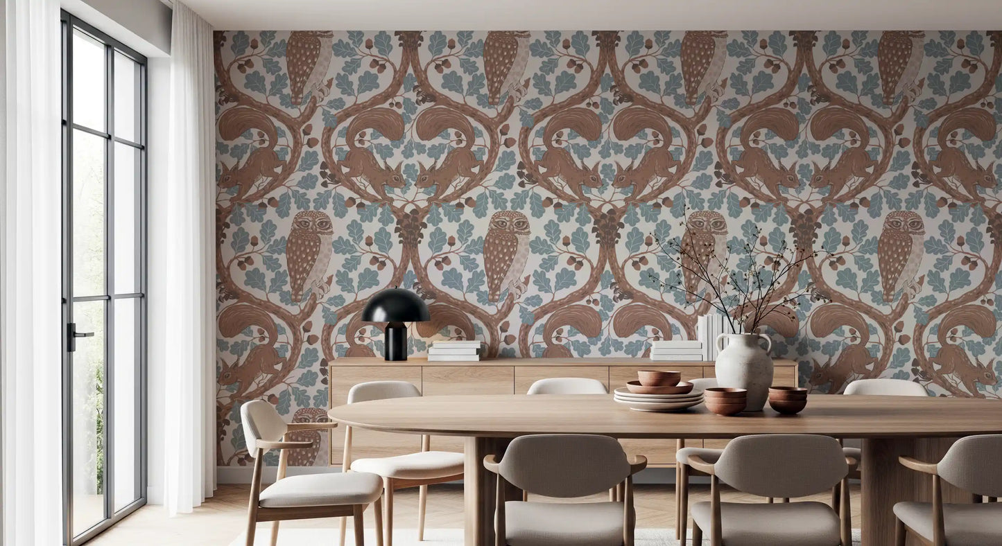 Woodland Whispers wallpaper with a perched owl in mocha and coffee brown