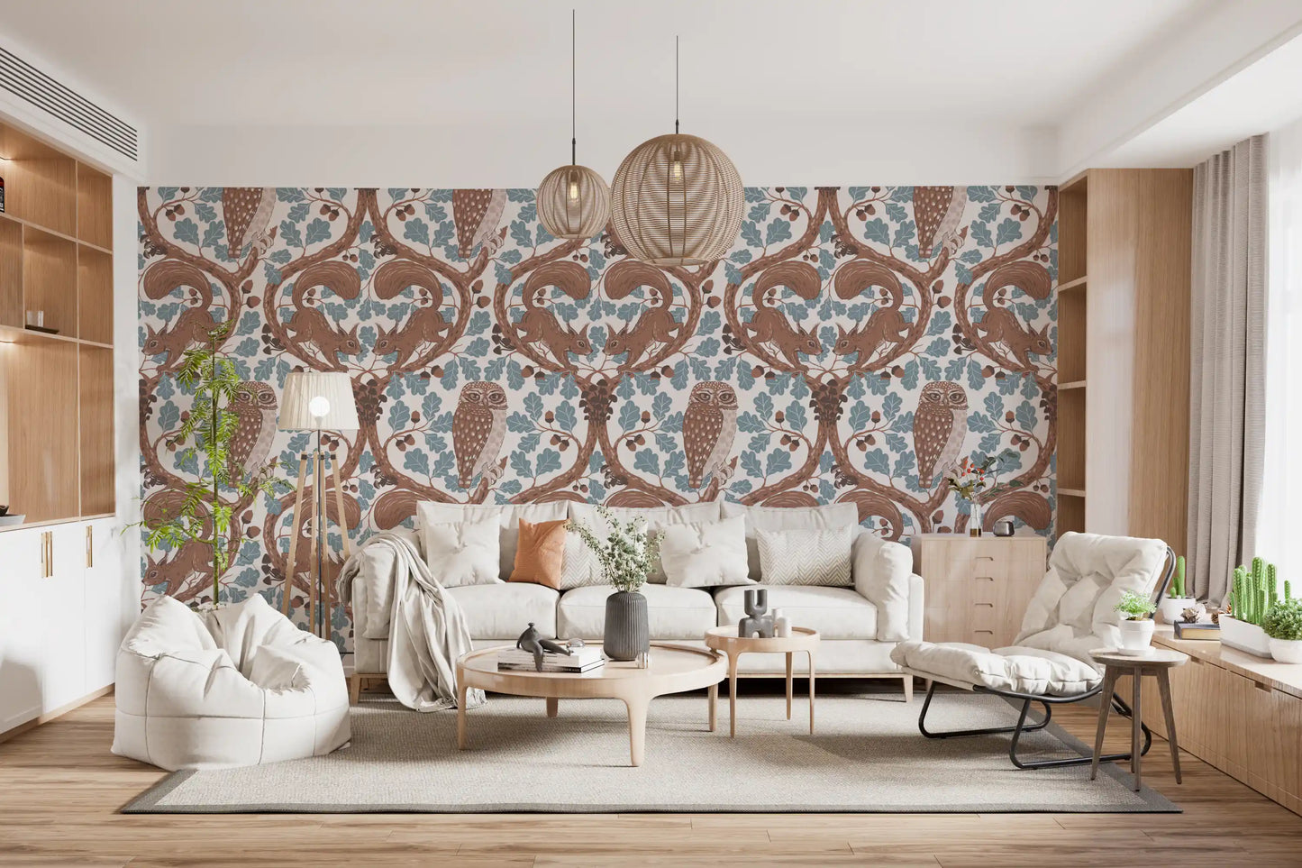 Mocha and slate blue keep a Living room cosy with woodland owl wallpaper