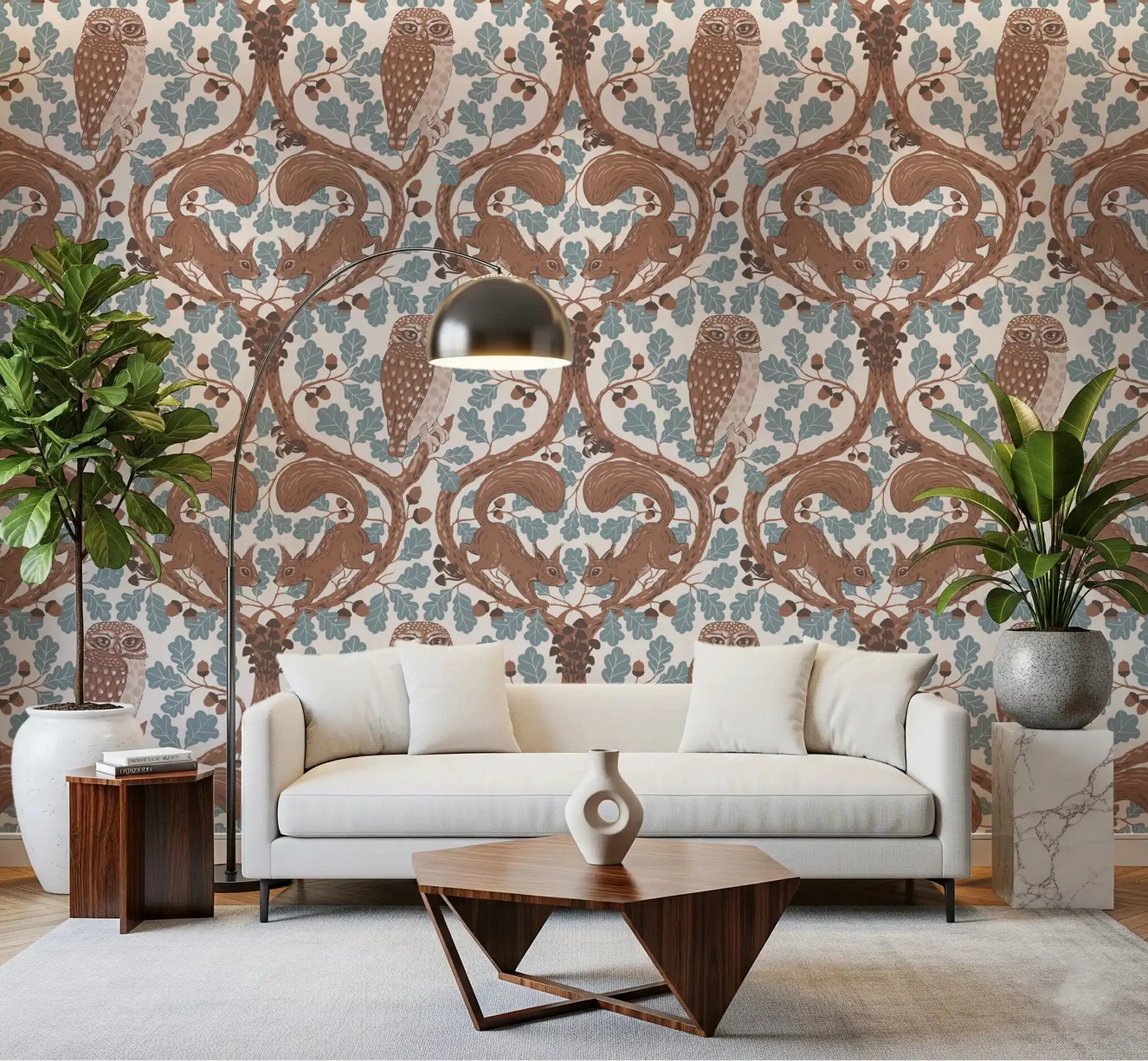 Woodland Whispers owl wallpaper warms a calm living room in mocha brown