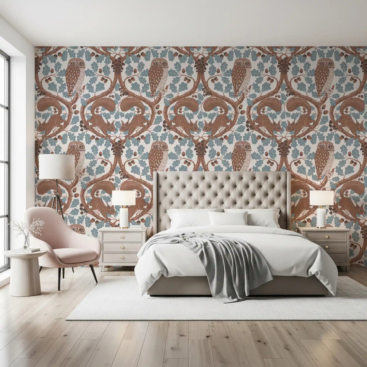 Detail of slate-blue oak leaves and acorns around the woodland owl wallpaper