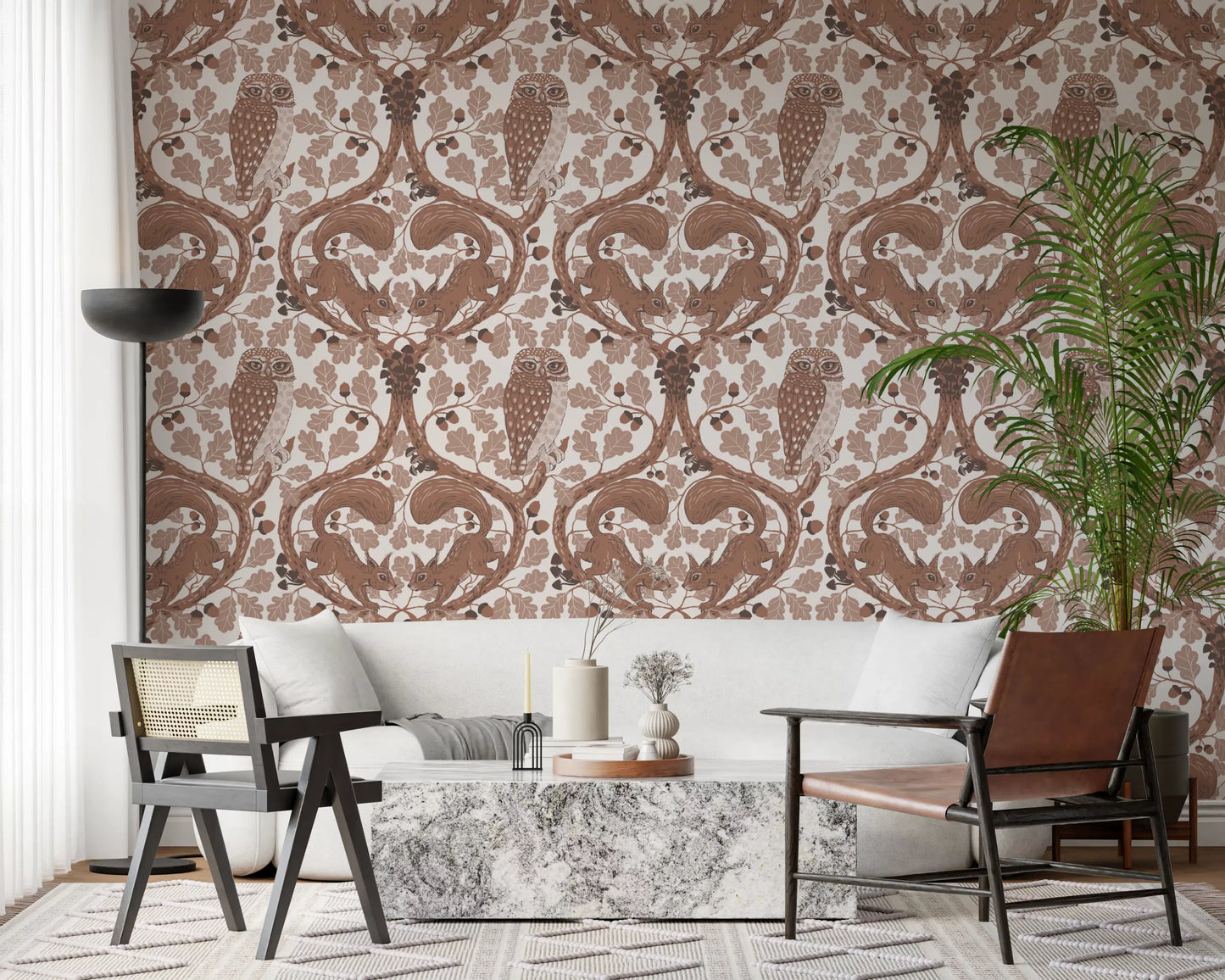 Woodland Whispers/Owls and Squirrels in the Oak/mocha mousse and coffee brown 2 Wallpaper⁠