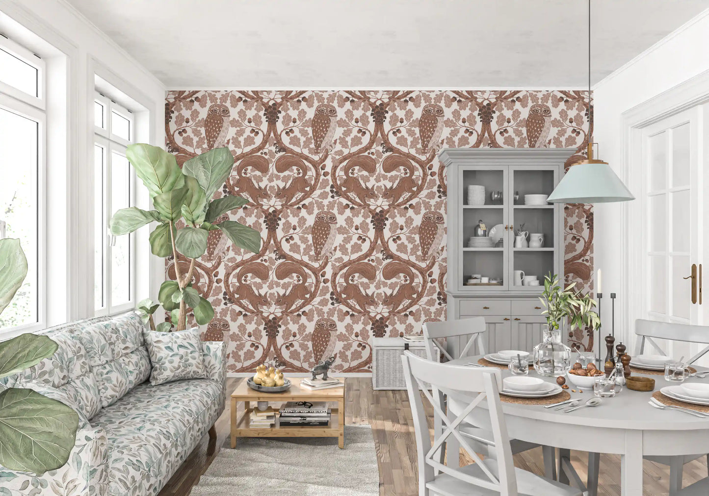 Woodland Whispers/Owls and Squirrels in the Oak/mocha mousse and coffee brown 2 Wallpaper⁠