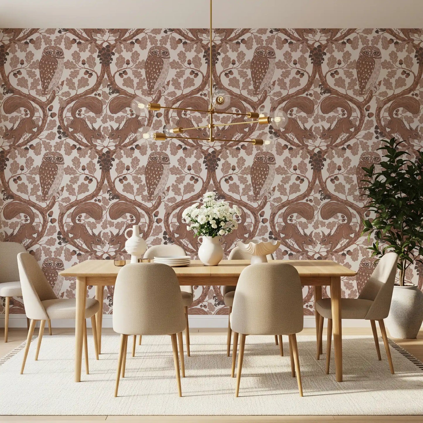 Woodland Whispers/Owls and Squirrels in the Oak/mocha mousse and coffee brown 2 Wallpaper⁠