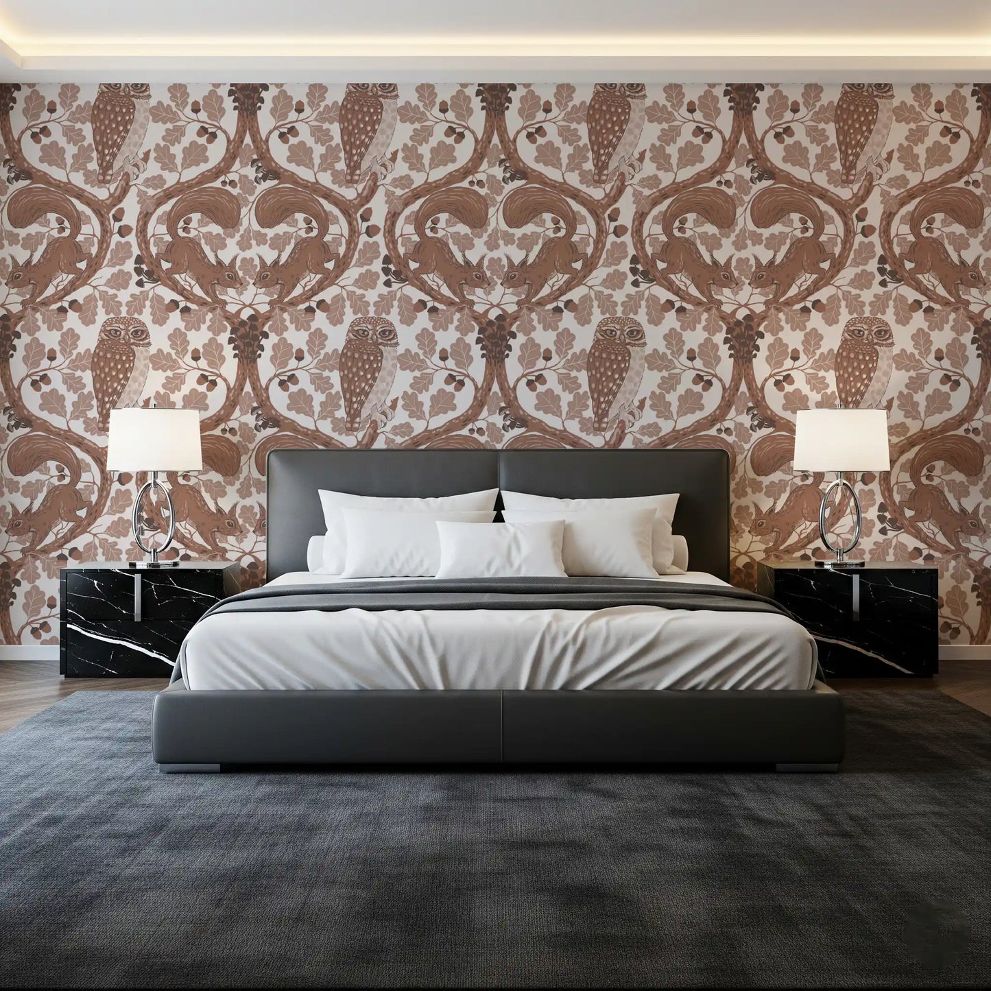 Woodland Whispers/Owls and Squirrels in the Oak/mocha mousse and coffee brown 2 Wallpaper⁠