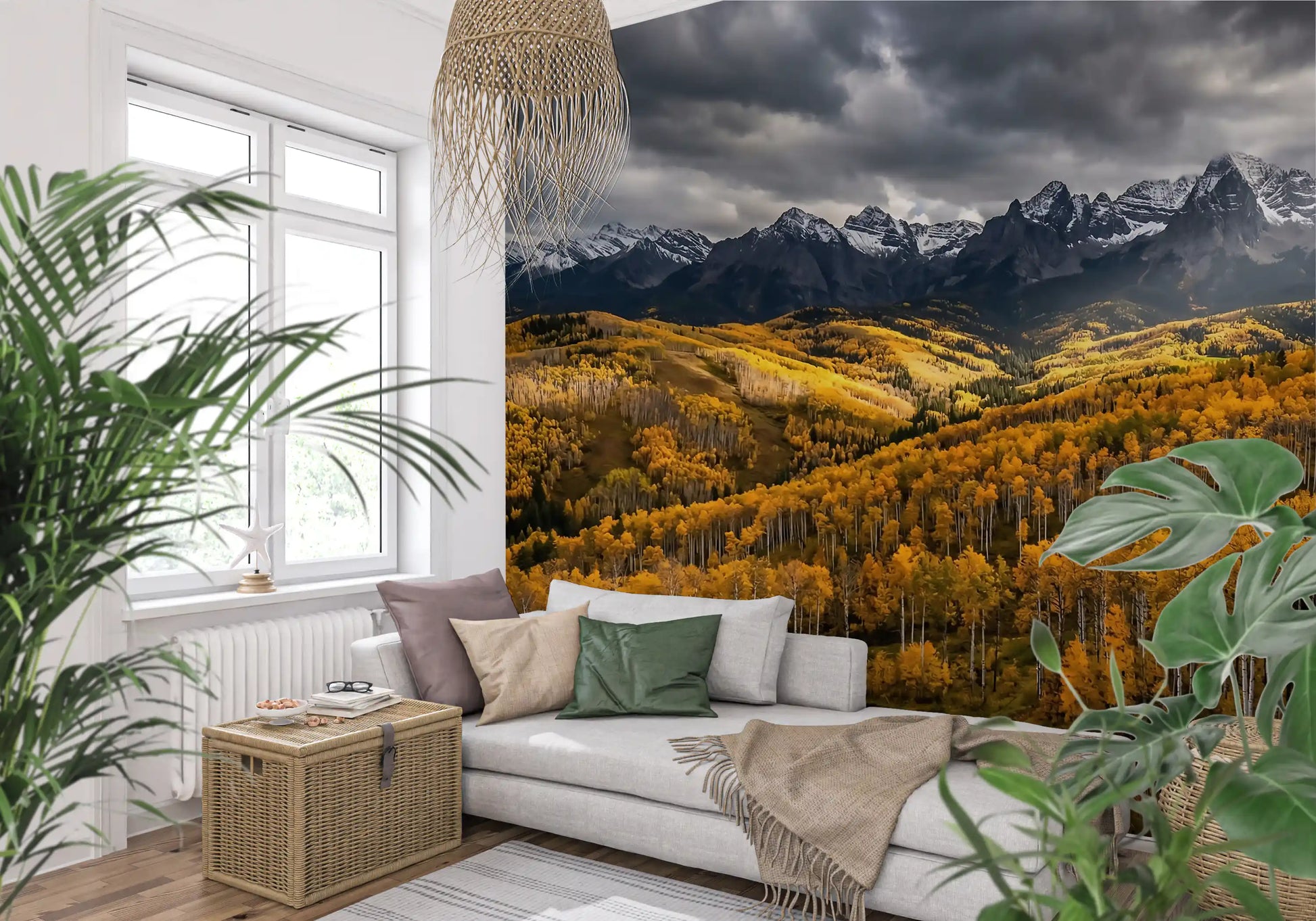 Rolling gold hillsides stretch toward alpine ridges, Golden Embrace wall mural
