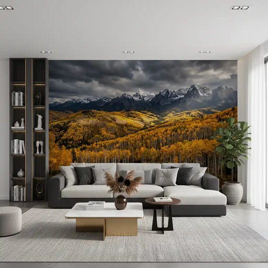 Living room glowing under the Autumn's Golden Embrace mountain wall mural