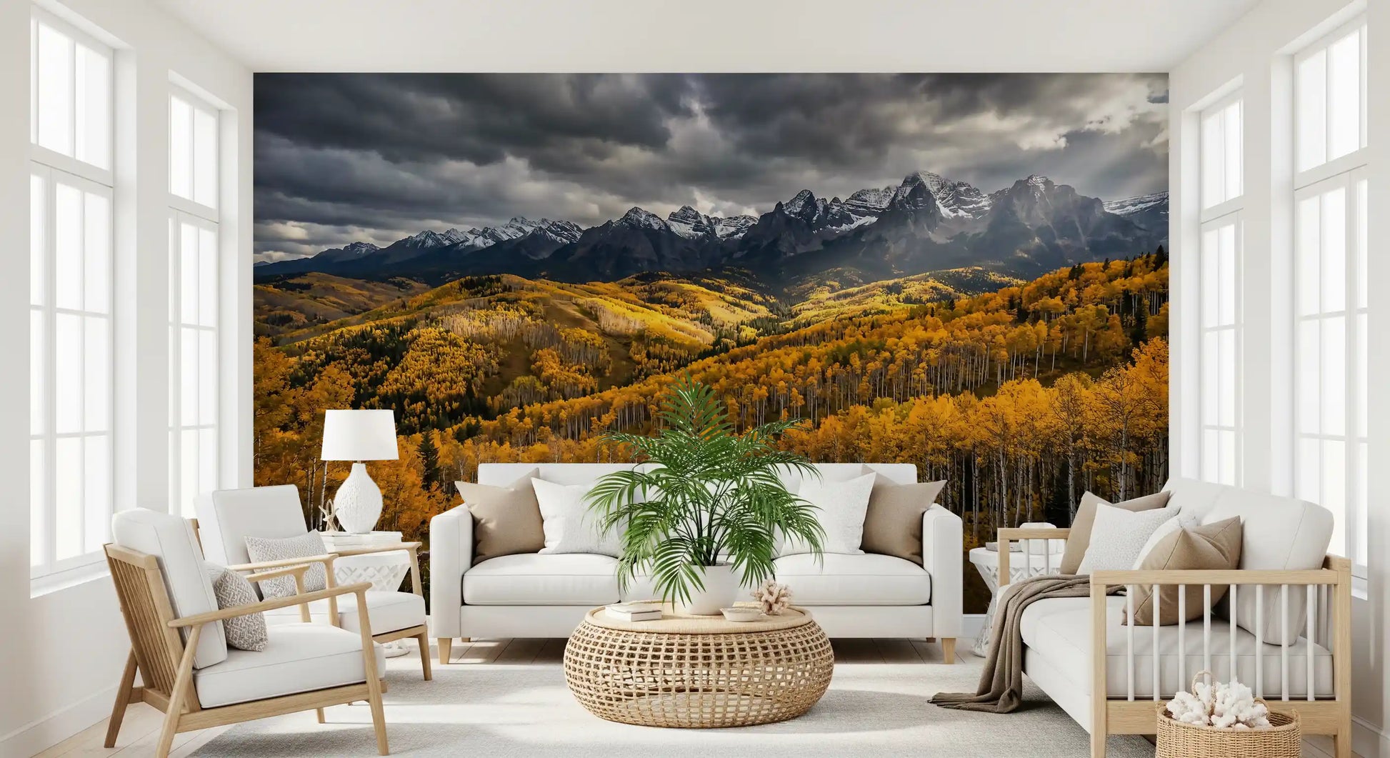 Amber and gold spread through a calm lounge, Autumn's Golden Embrace wall mural