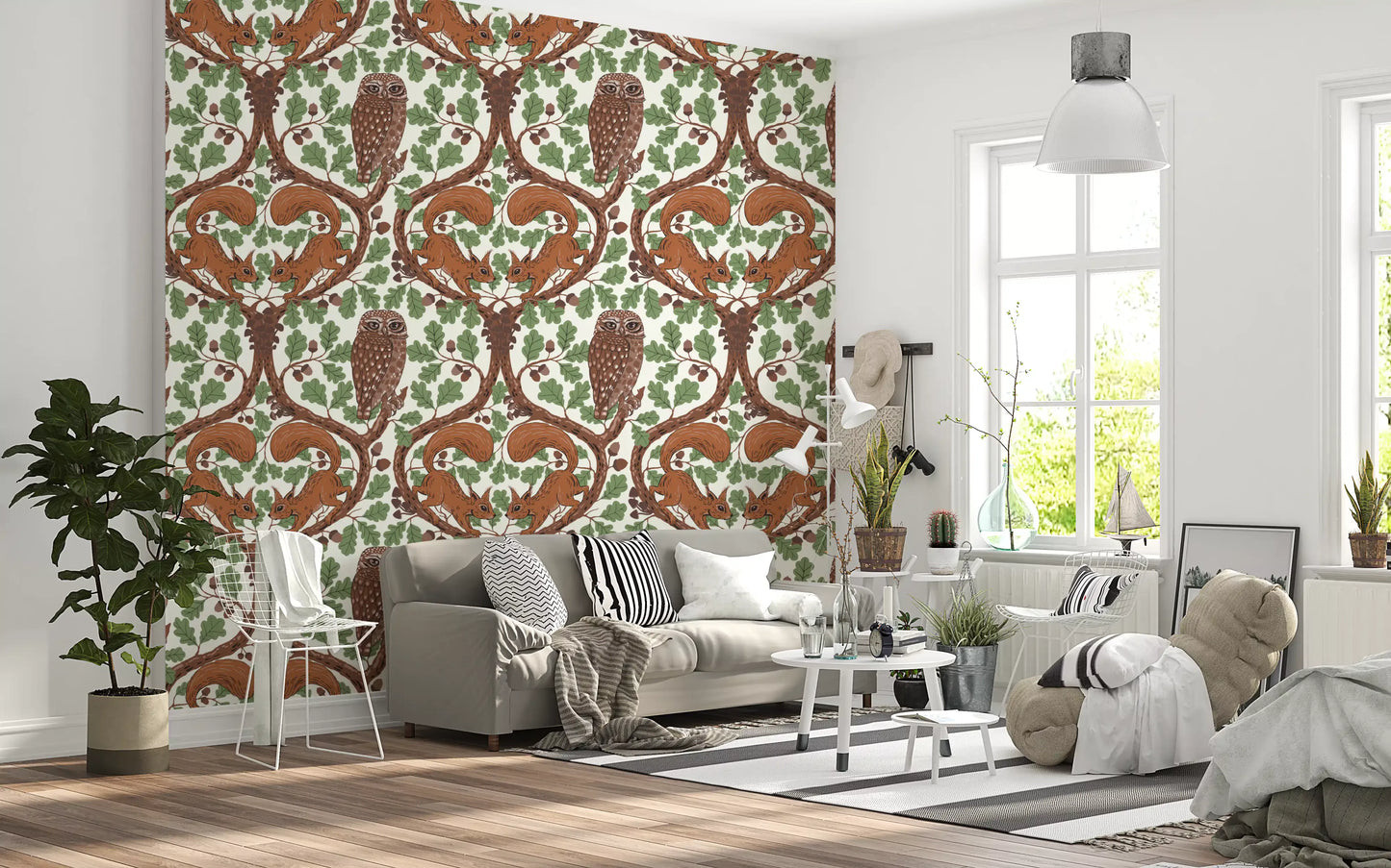 Woodland Whispers/Owls and Squirrels in the Oak/mocha mousse and coffee brown 3 Wallpaper⁠