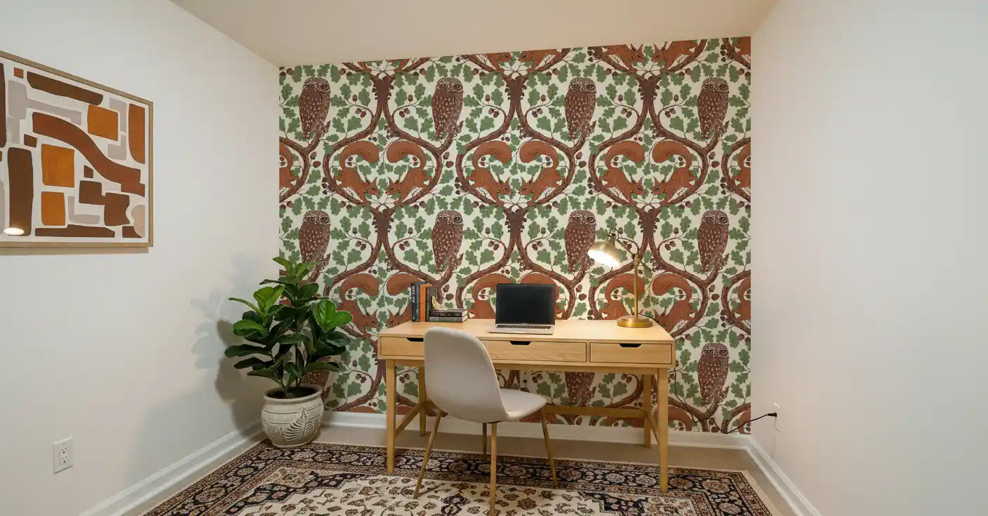 Woodland Whispers/Owls and Squirrels in the Oak/mocha mousse and coffee brown 3 Wallpaper⁠