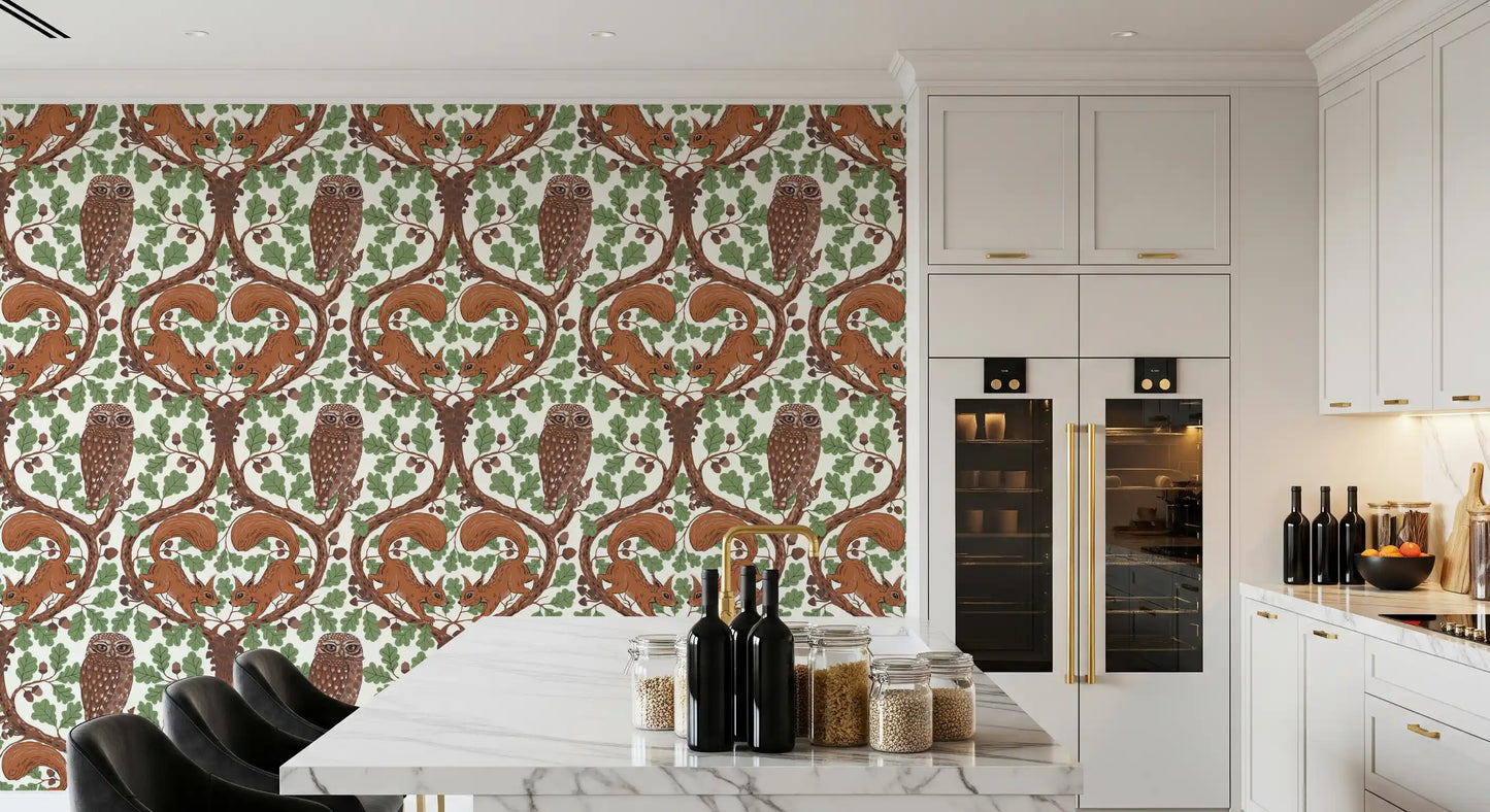 Woodland Whispers/Owls and Squirrels in the Oak/mocha mousse and coffee brown 3 Wallpaper⁠