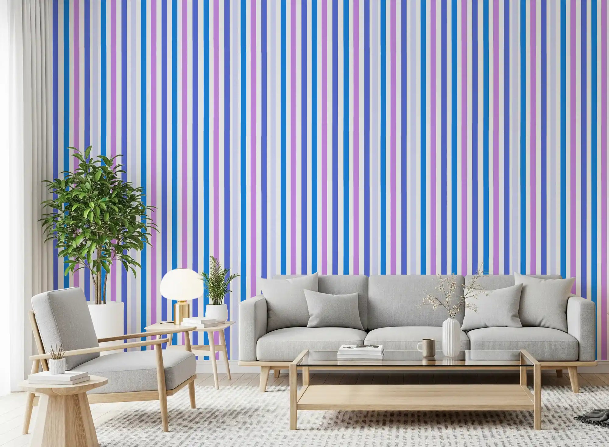 Living room styled with blue and lilac vertical stripe wallpaper for a calm mood