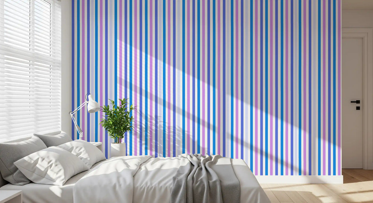 Bright Bedroom wrapped in vertical blue and lilac stripe wallpaper