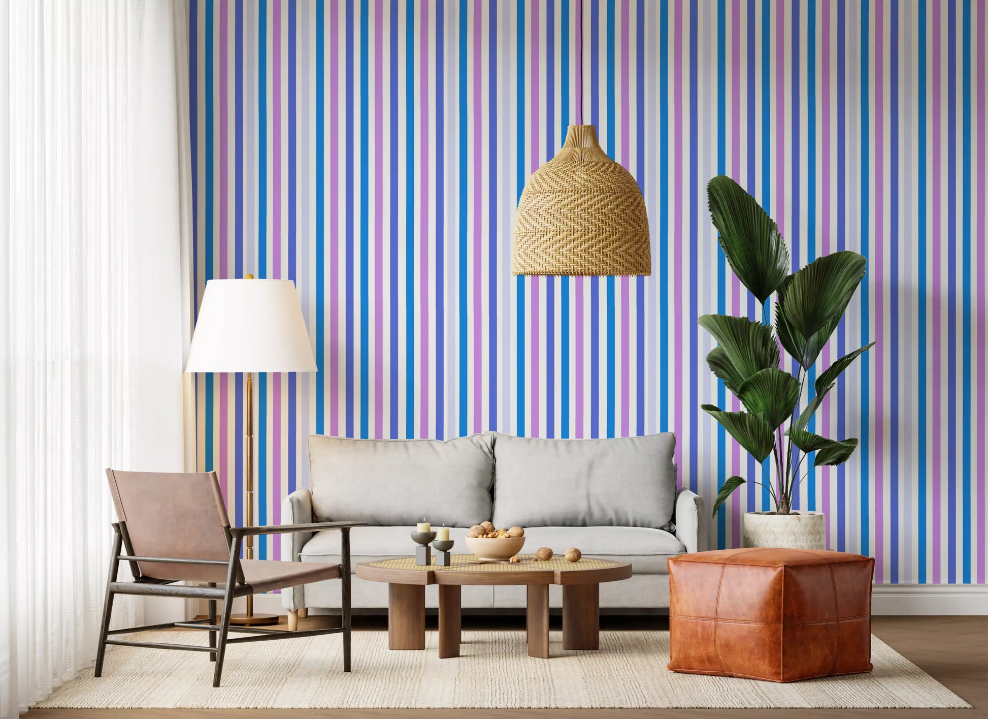 Slim lilac, blue and white bands repeat evenly in this vertical stripe wallpaper