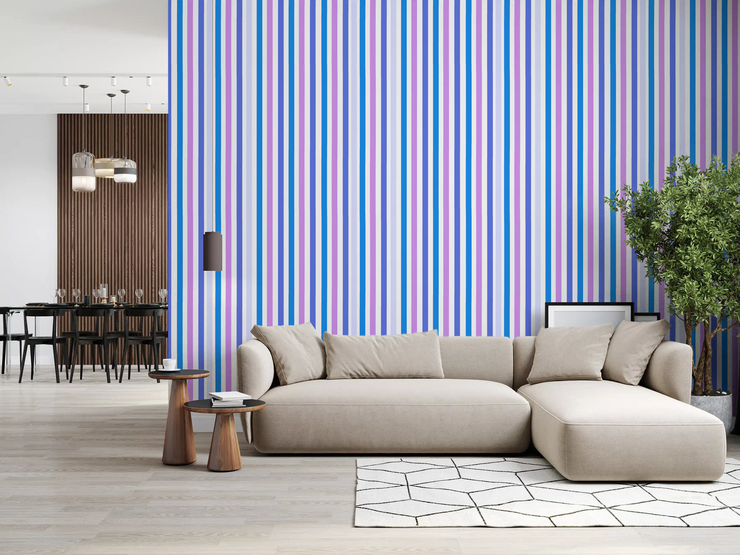 Lilac and blue striped wallpaper adding gentle rhythm to a bright lounge area