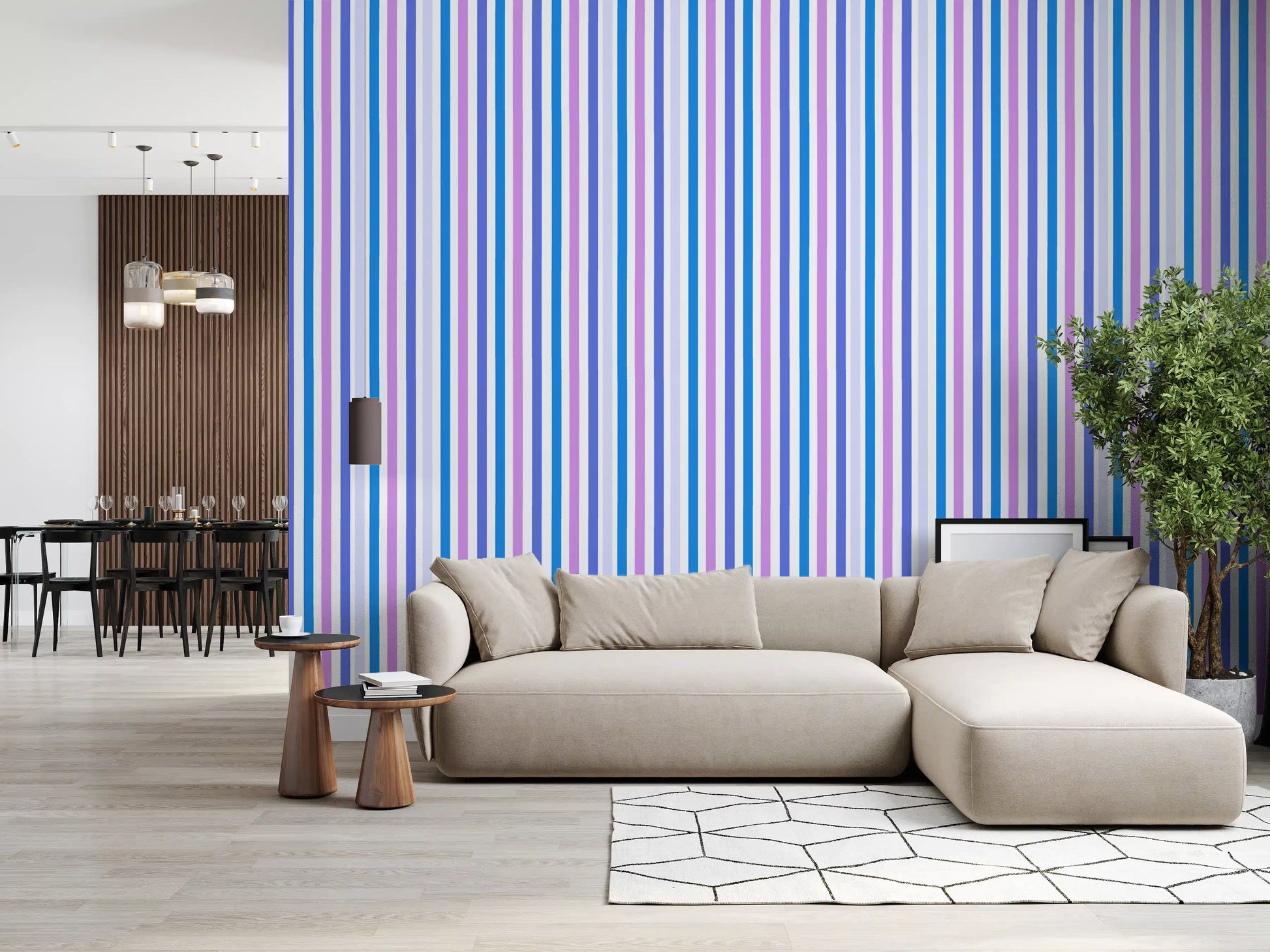 Lilac and blue striped wallpaper adding gentle rhythm to a bright lounge area