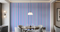 Dining room paired with vertical blue and lilac stripe wallpaper for a clean feel