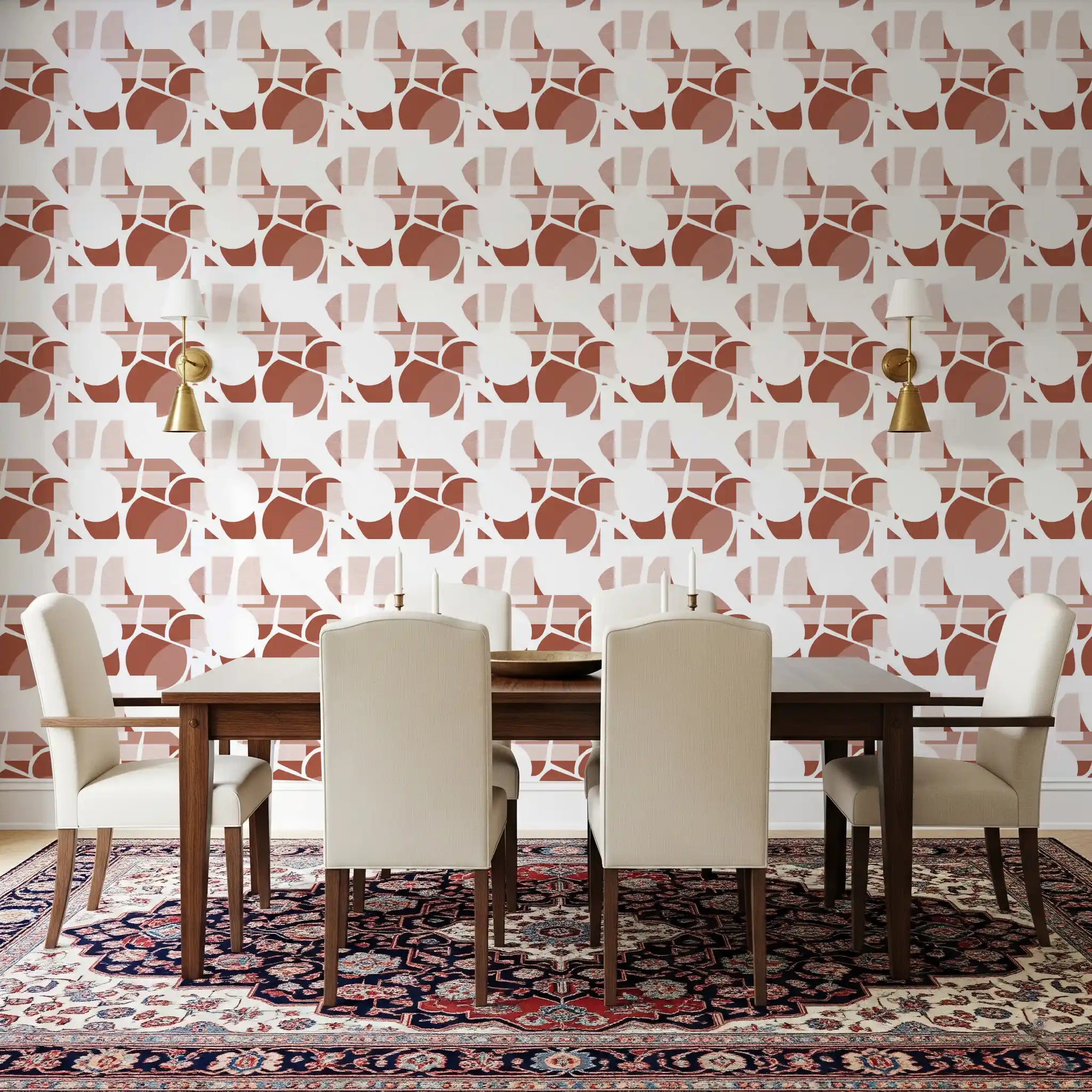 Terracotta clay shapes wallpaper warms a bright dining room with rust geometry
