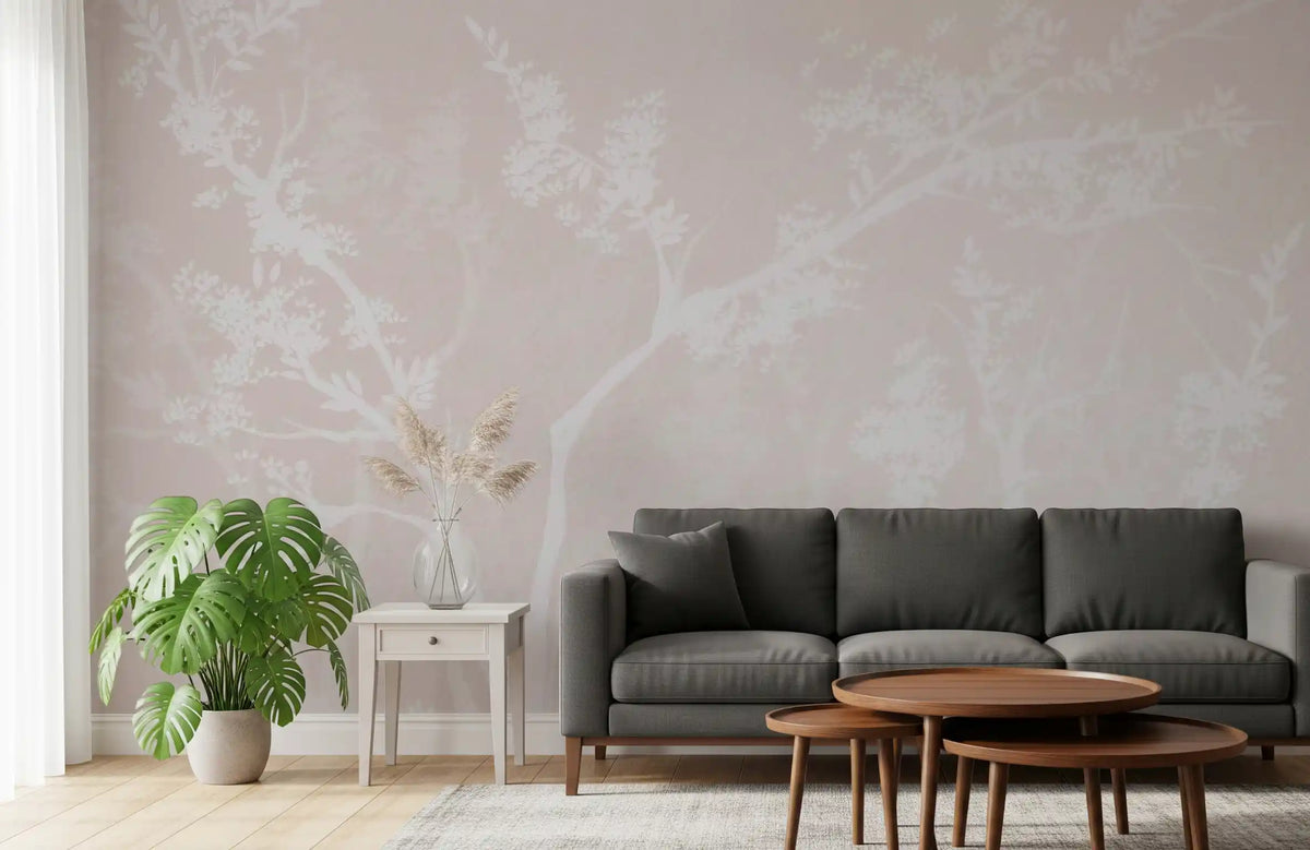 Living room styled with the Muted Blossom Canopy neutrals wall mural in calm blush tone