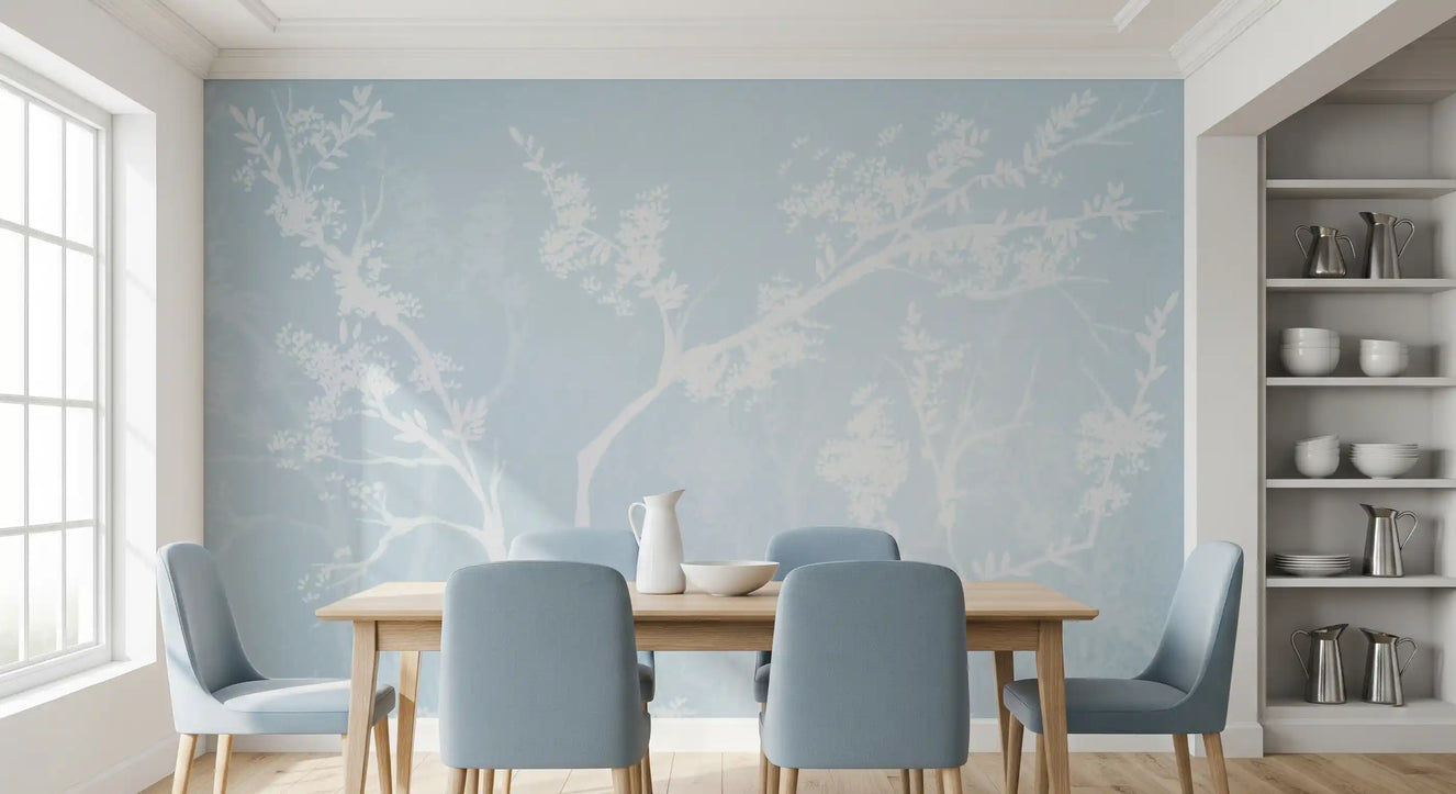 Ethereal Blue Blossom Silhouette Neutrals Wall Mural