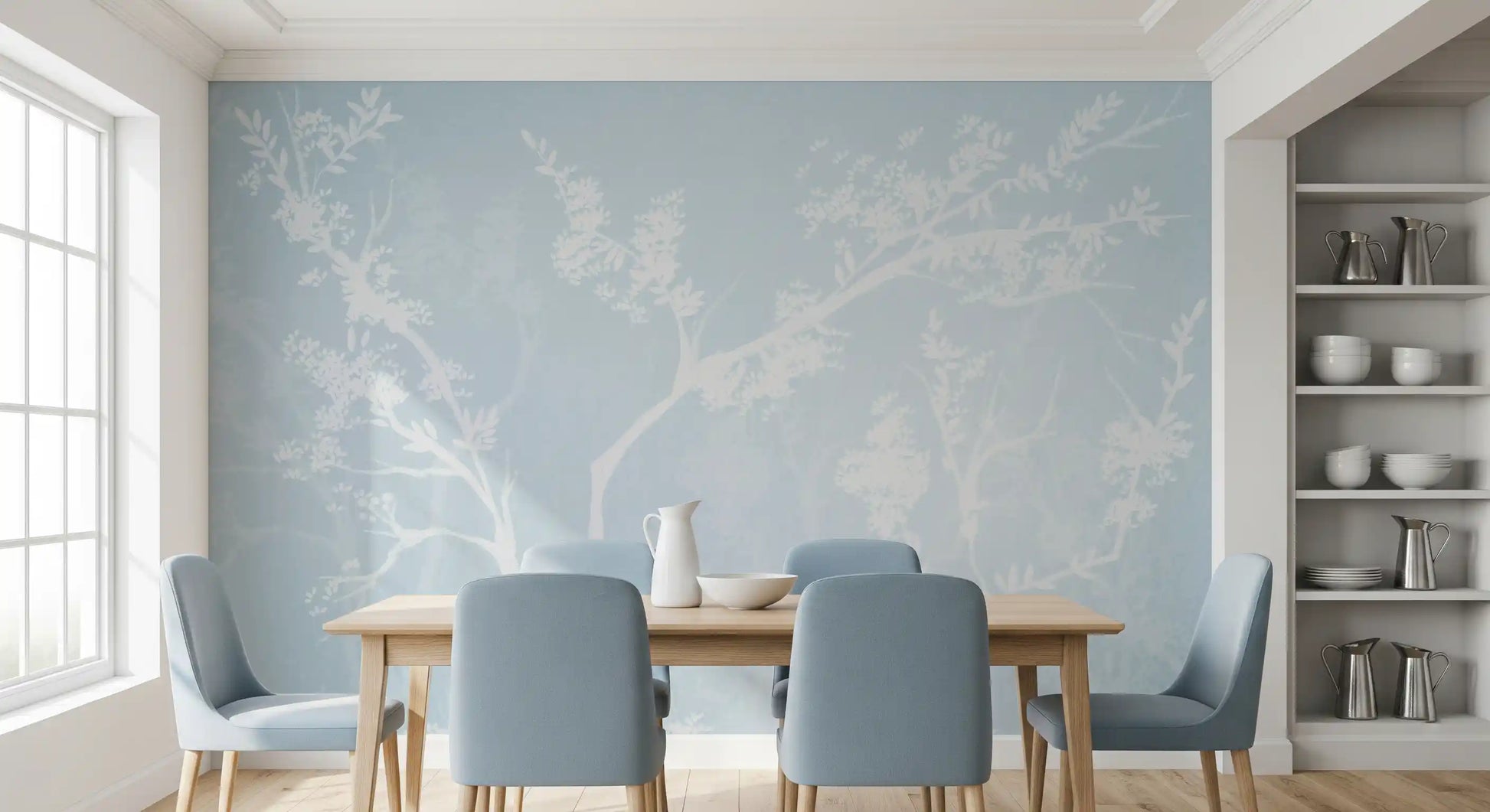 Misty white branches quiet a Dining room in this Blossom Silhouette wall mural.