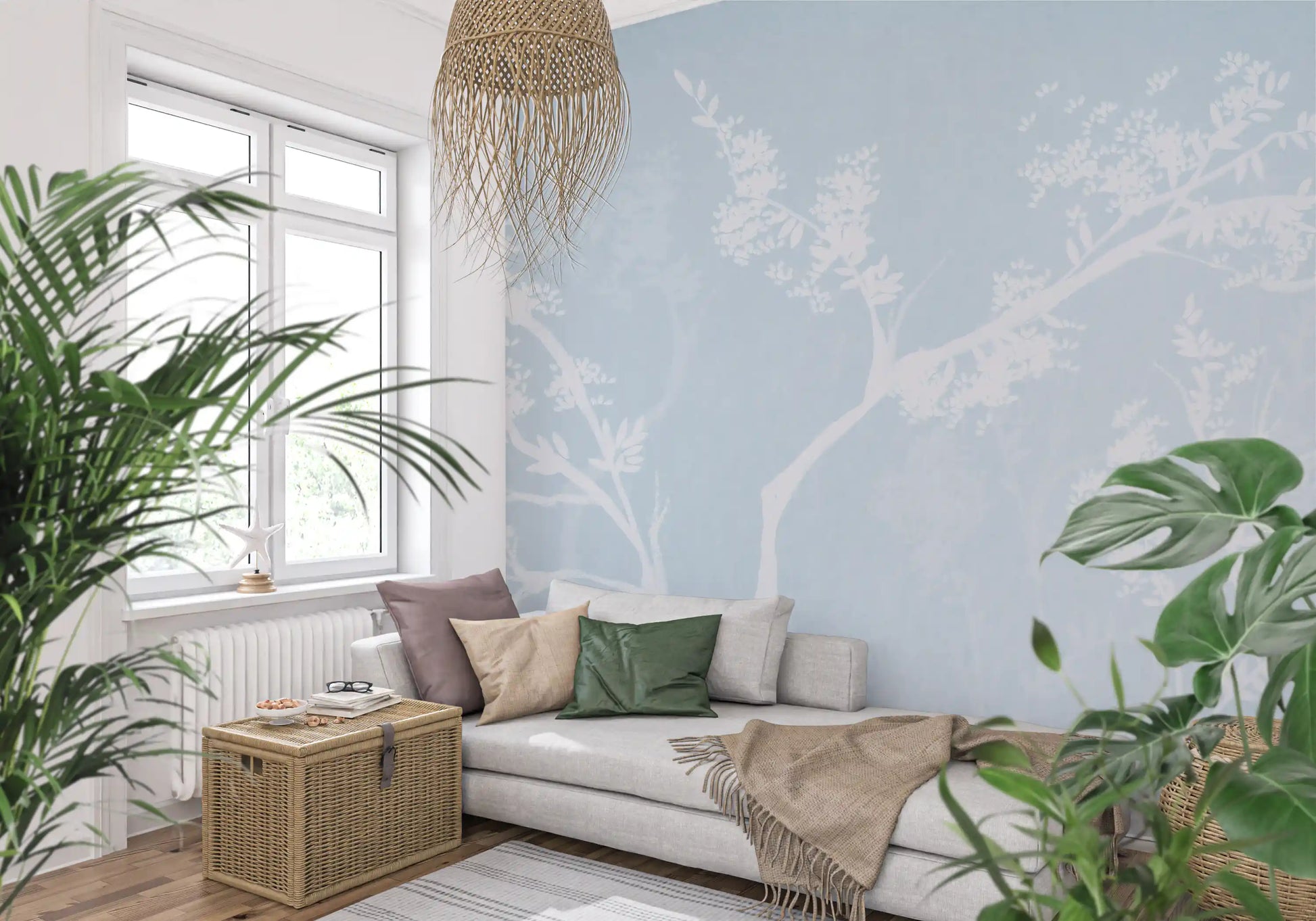 A pale blue ground fades behind the Ethereal Blossom wall mural branches.