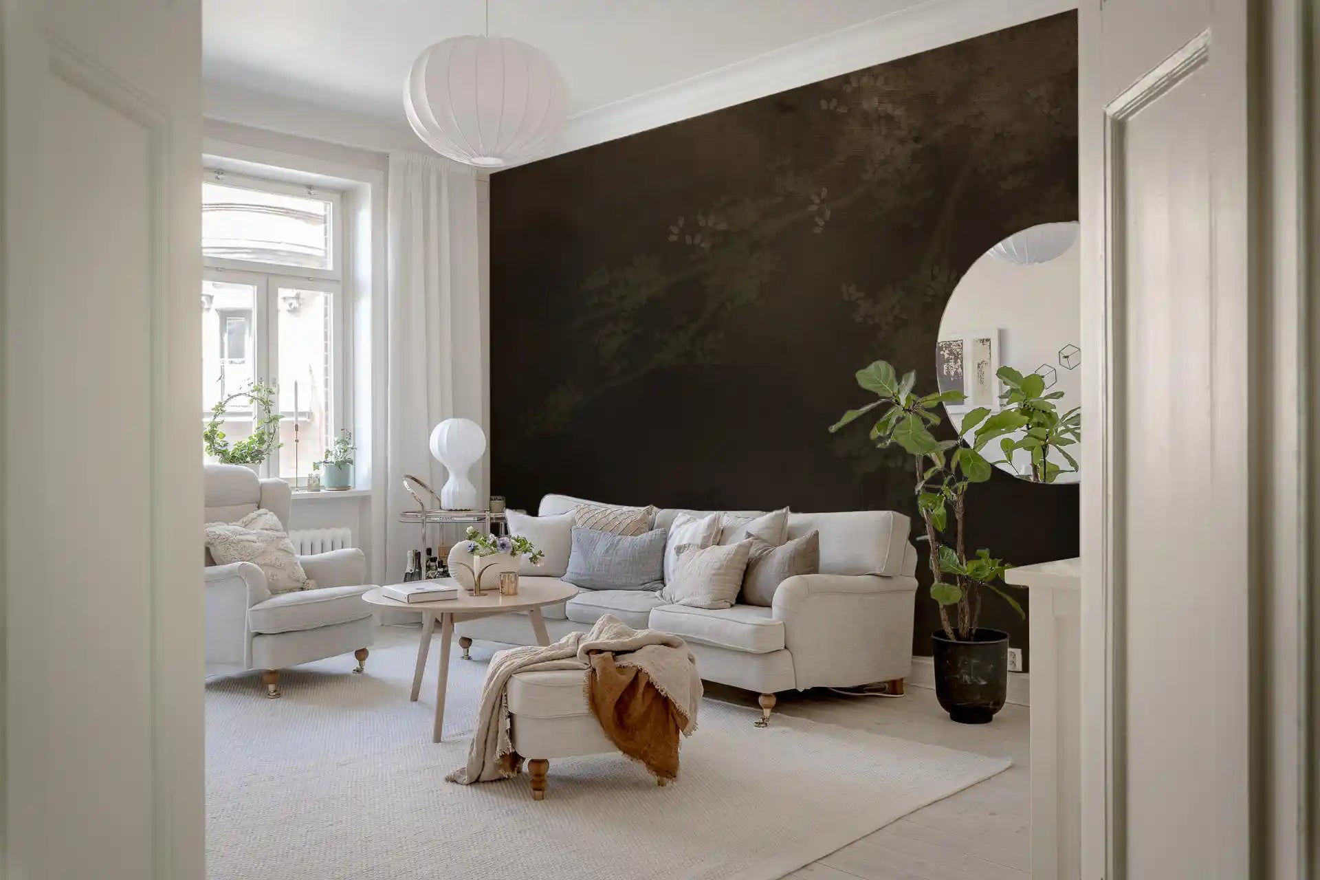A low amber glow warms one side of this hazy woodland wall mural