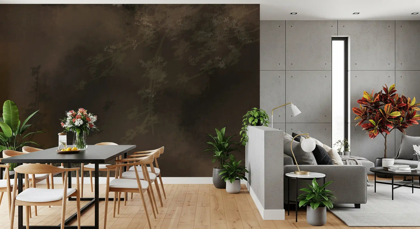 A misty woodland scene grounds a dining room with this wall mural