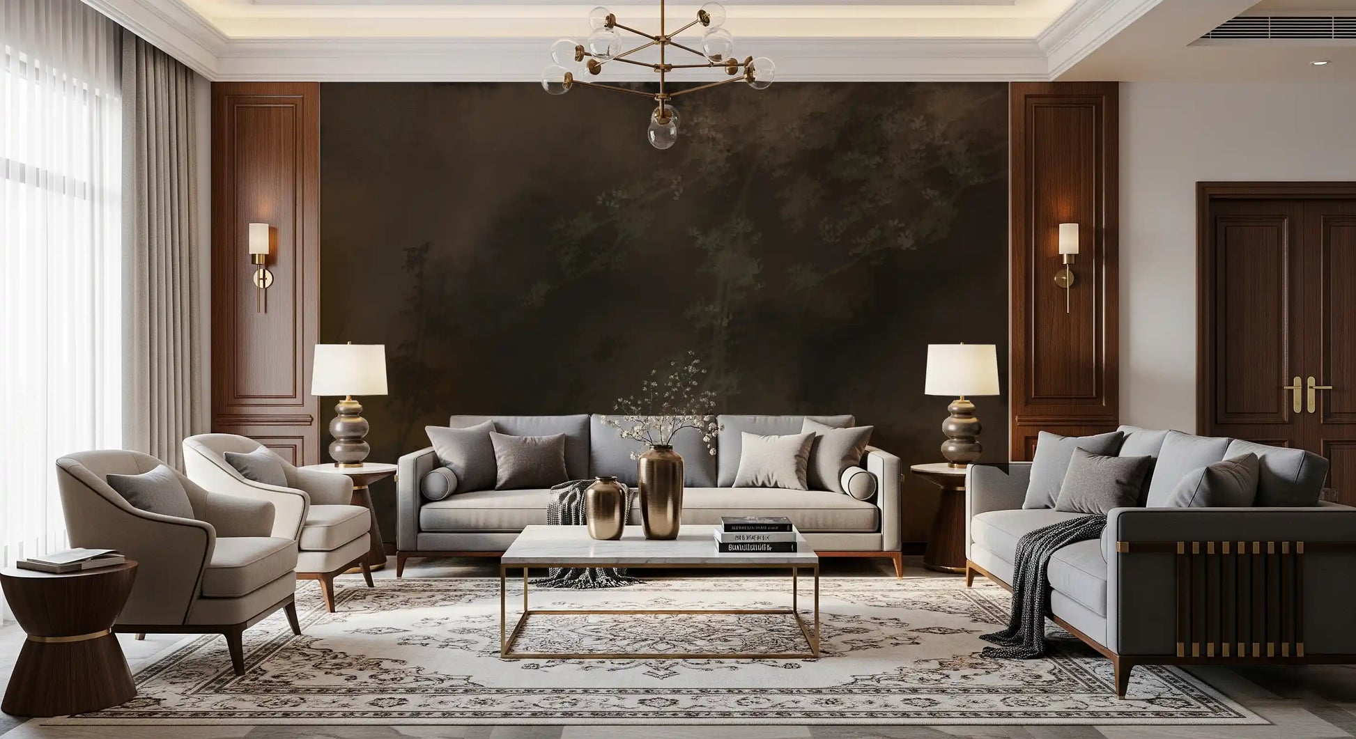 Woodland haze tapestry moody misty forest wall mural in dark tones