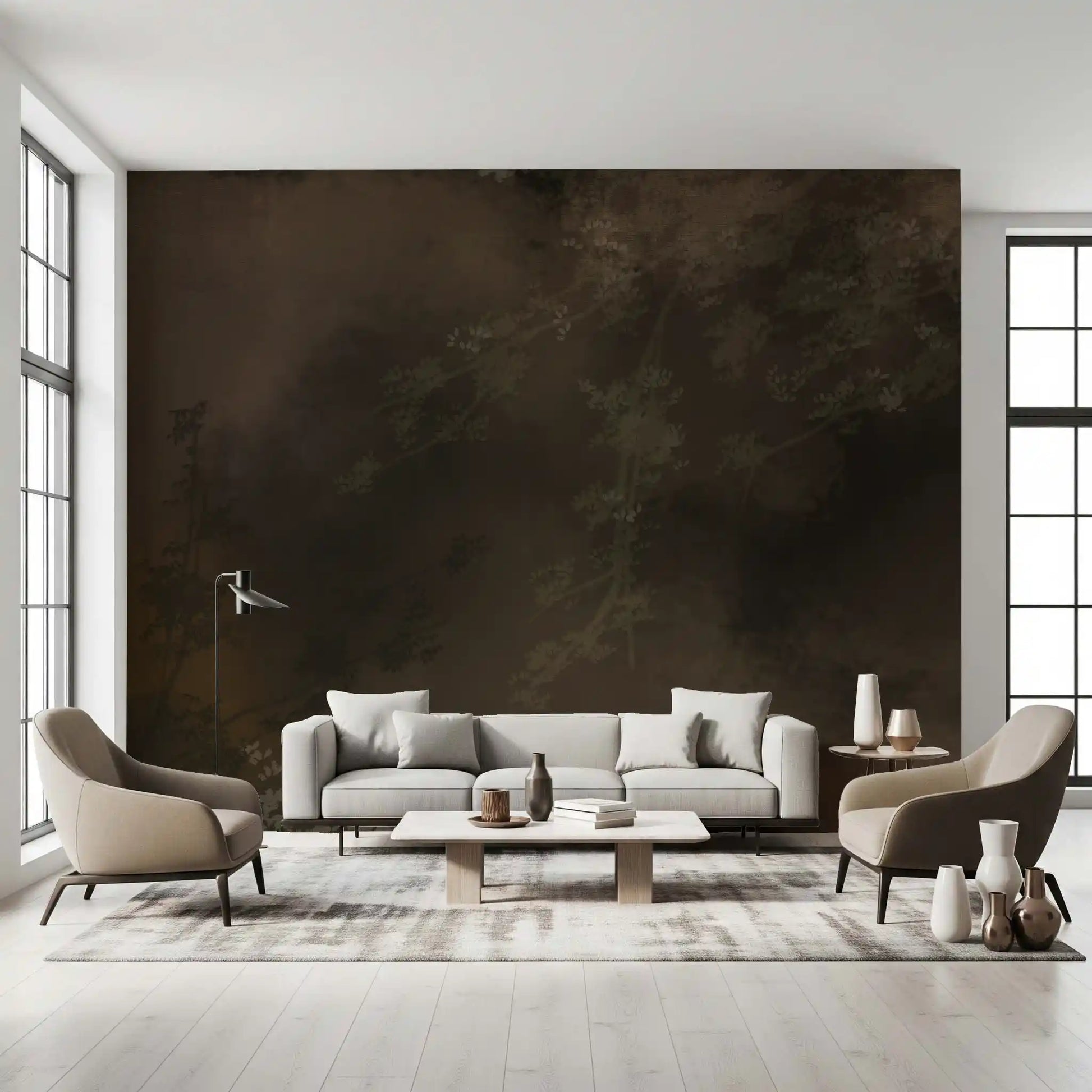 Faint branches surface from deep shadow in this moody wall mural
