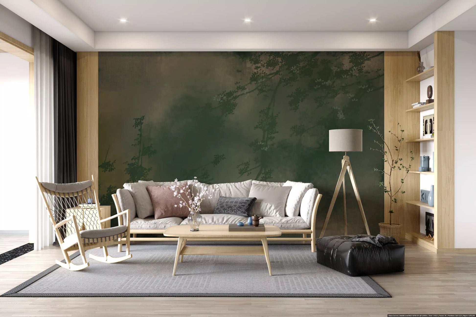 Moody green forest haze adds depth to a living room wall mural