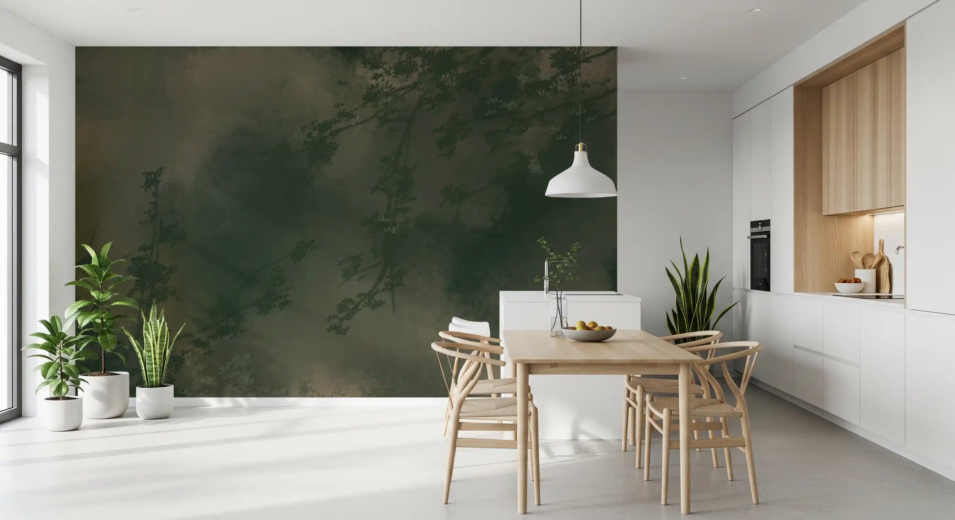 Smoky greens and faint blossom set a quiet Dining room wall mural