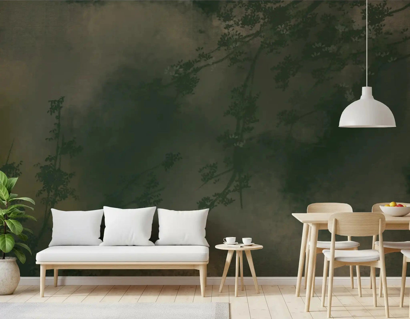Verdant Mist branches drift across a calm Dining room wall mural