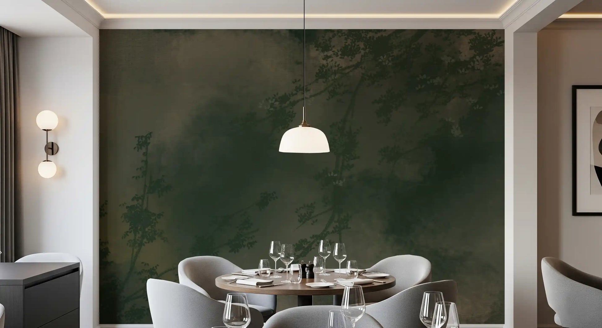 A painterly fog blurs the tree limbs across the forest wall mural