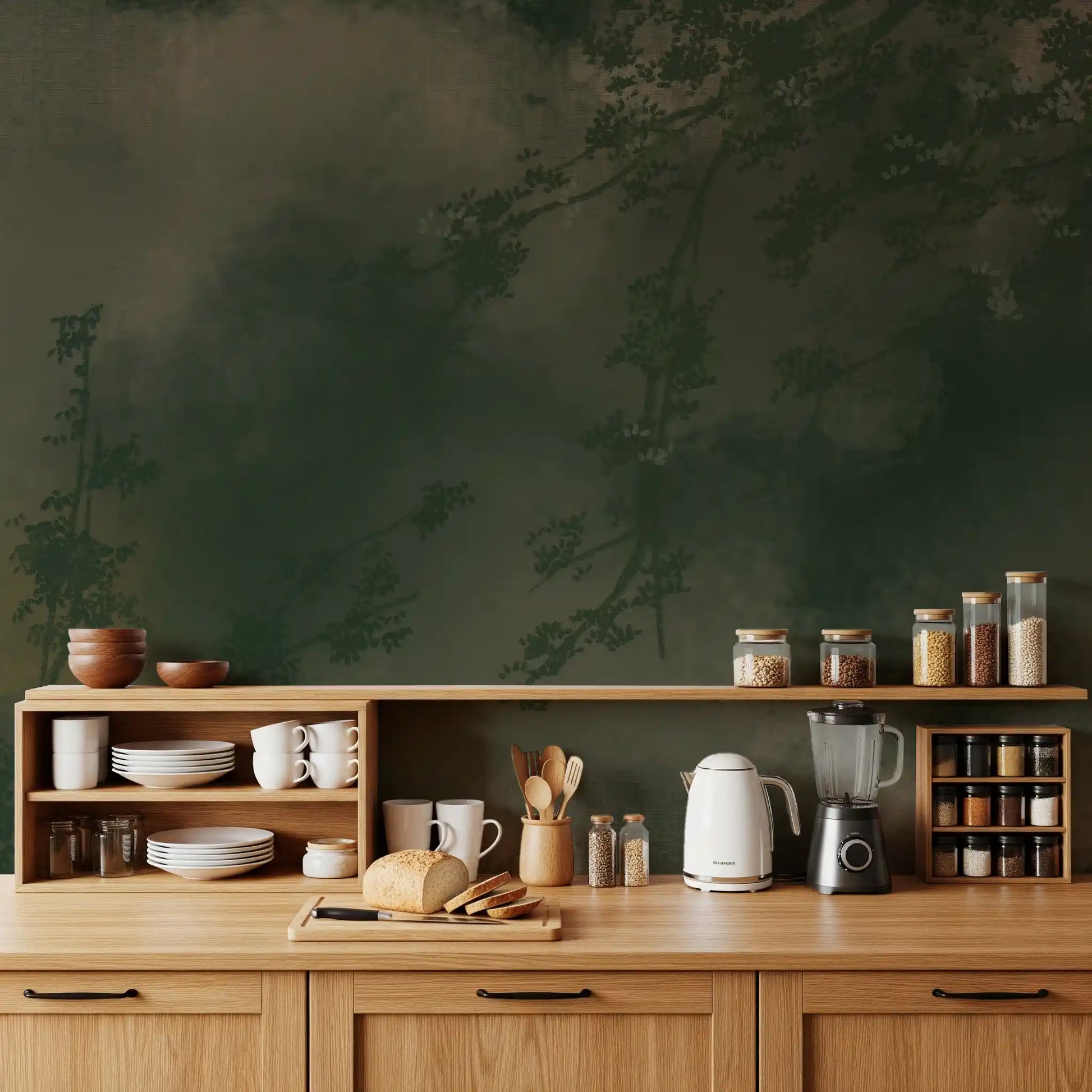Deep forest greens fade into smoky olive in this moody wall mural