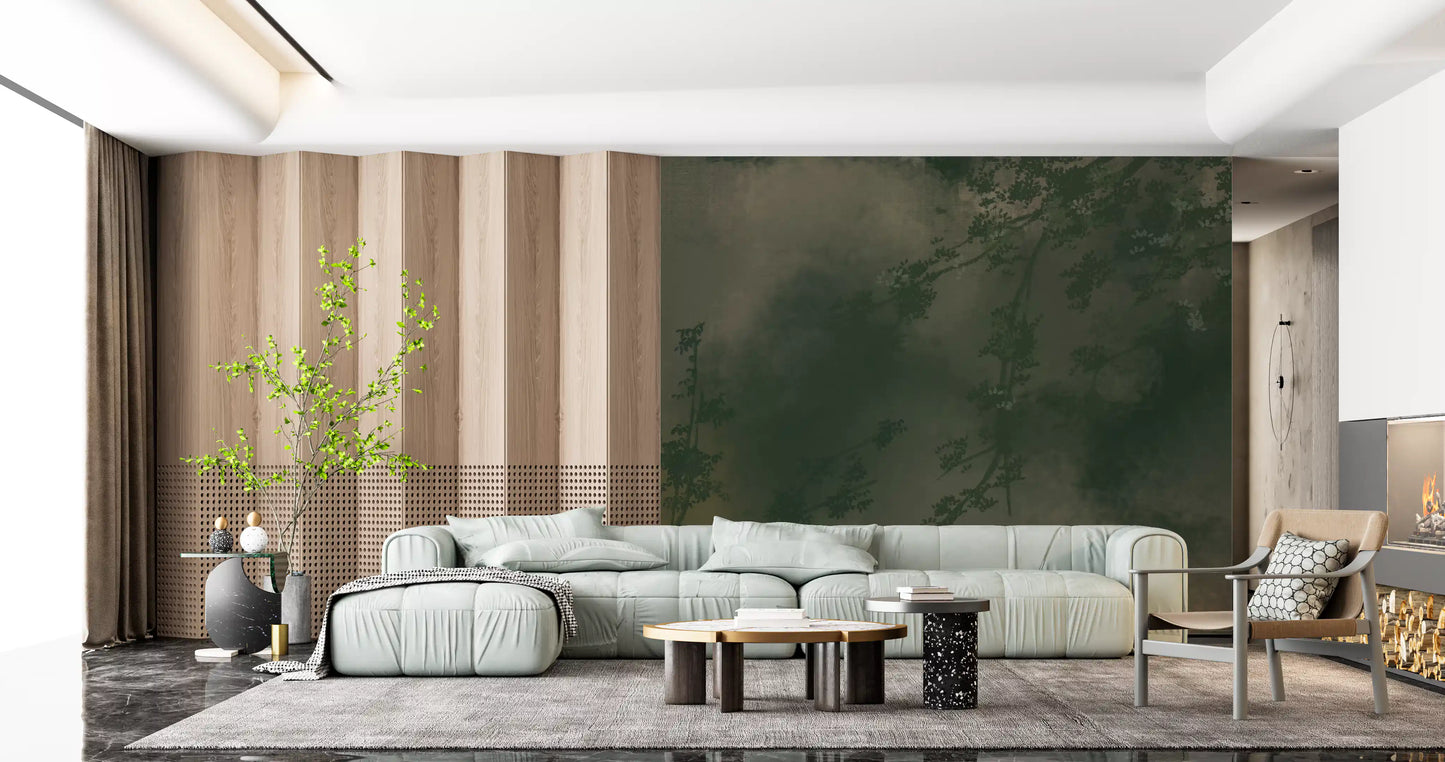 A foggy branch scene in olive and charcoal frames a Hallway wall mural