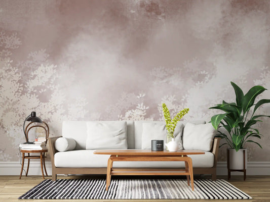 Misty pastel blossoms drift over a calm living room, Gentle Leaf Veil wall mural