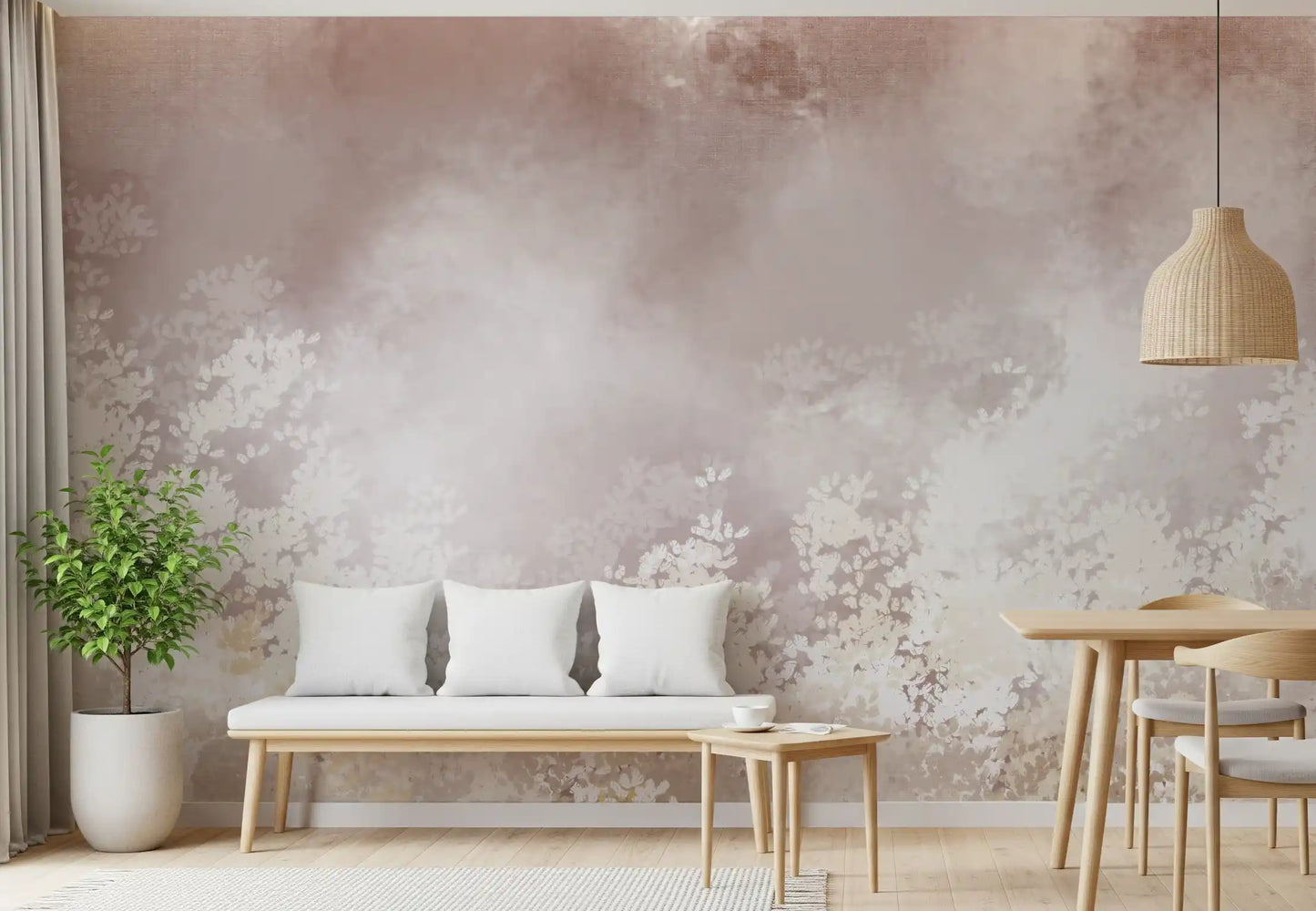 Warm mauve fades to pale cream across the Gentle Leaf Veil wall mural

