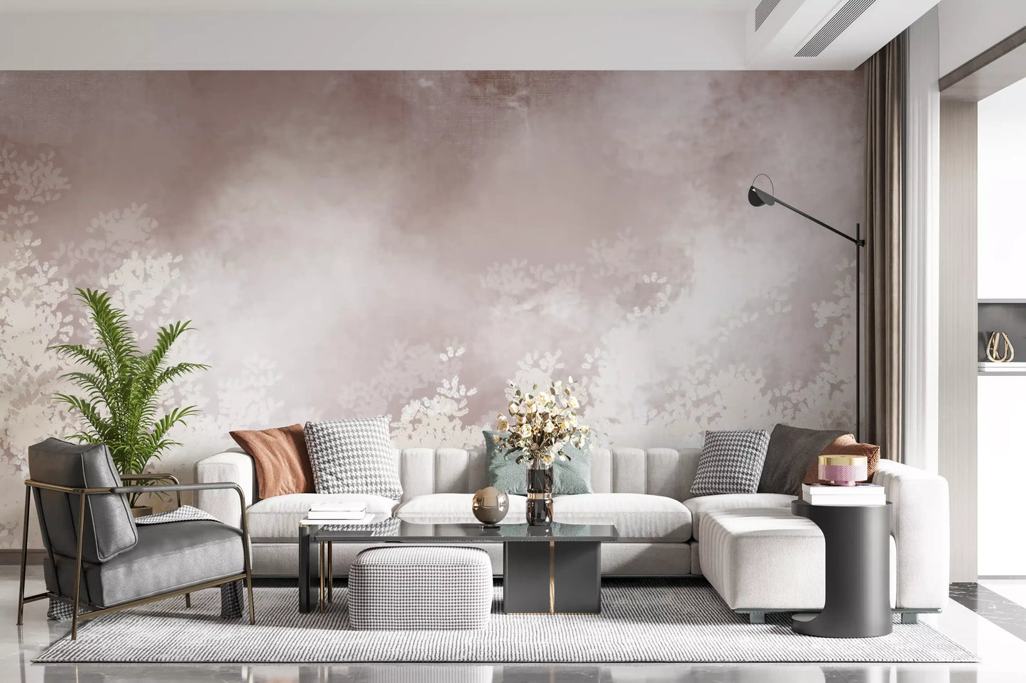 Cream and mauve tones glow across a calm sitting room, Gentle Leaf Veil wall mural
