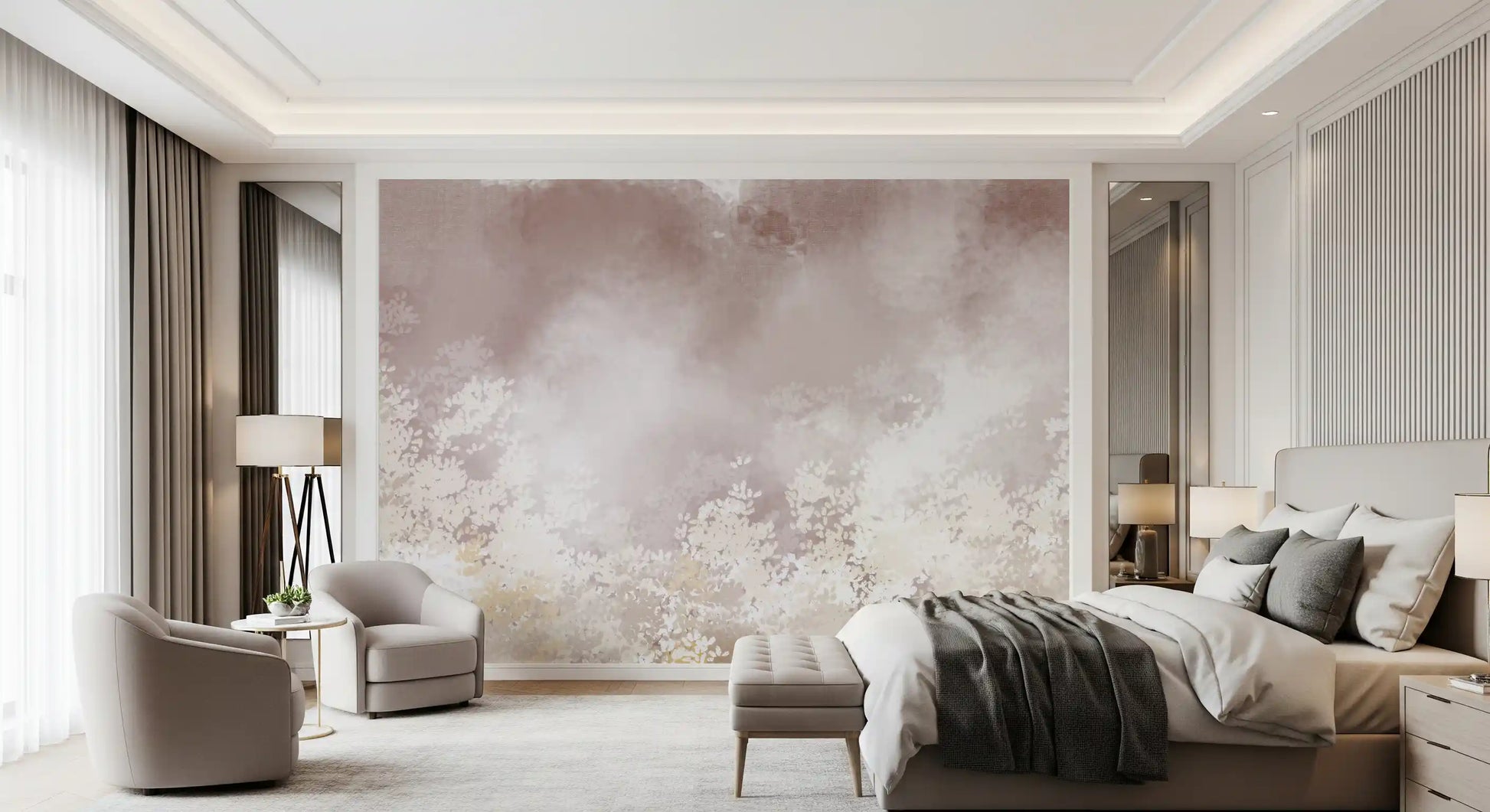 Gentle Leaf Veil wall mural blending cream blossoms into a dusty rose haze