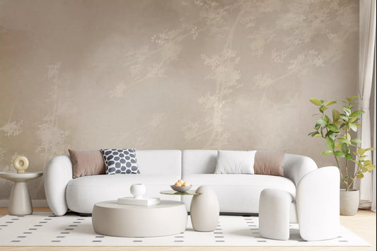 Calm living room set off by an ethereal misty forest wall mural
