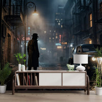 Cinematic street tension from this city noir wall mural warms a quiet lounge