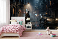 Cool blues and amber light build the cinematic tone of this city noir wall mural
