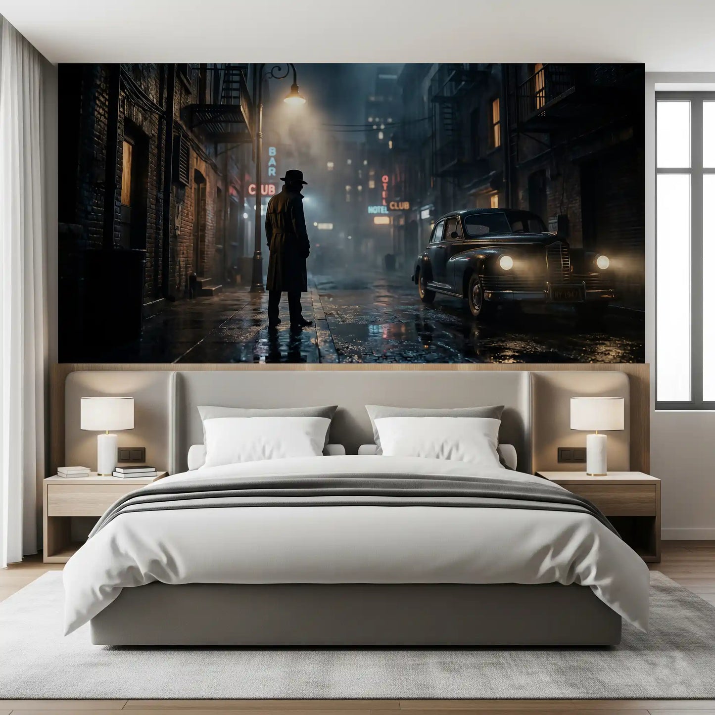 Lamplit and atmospheric, this midnight noir wall mural anchors a calm bedroom