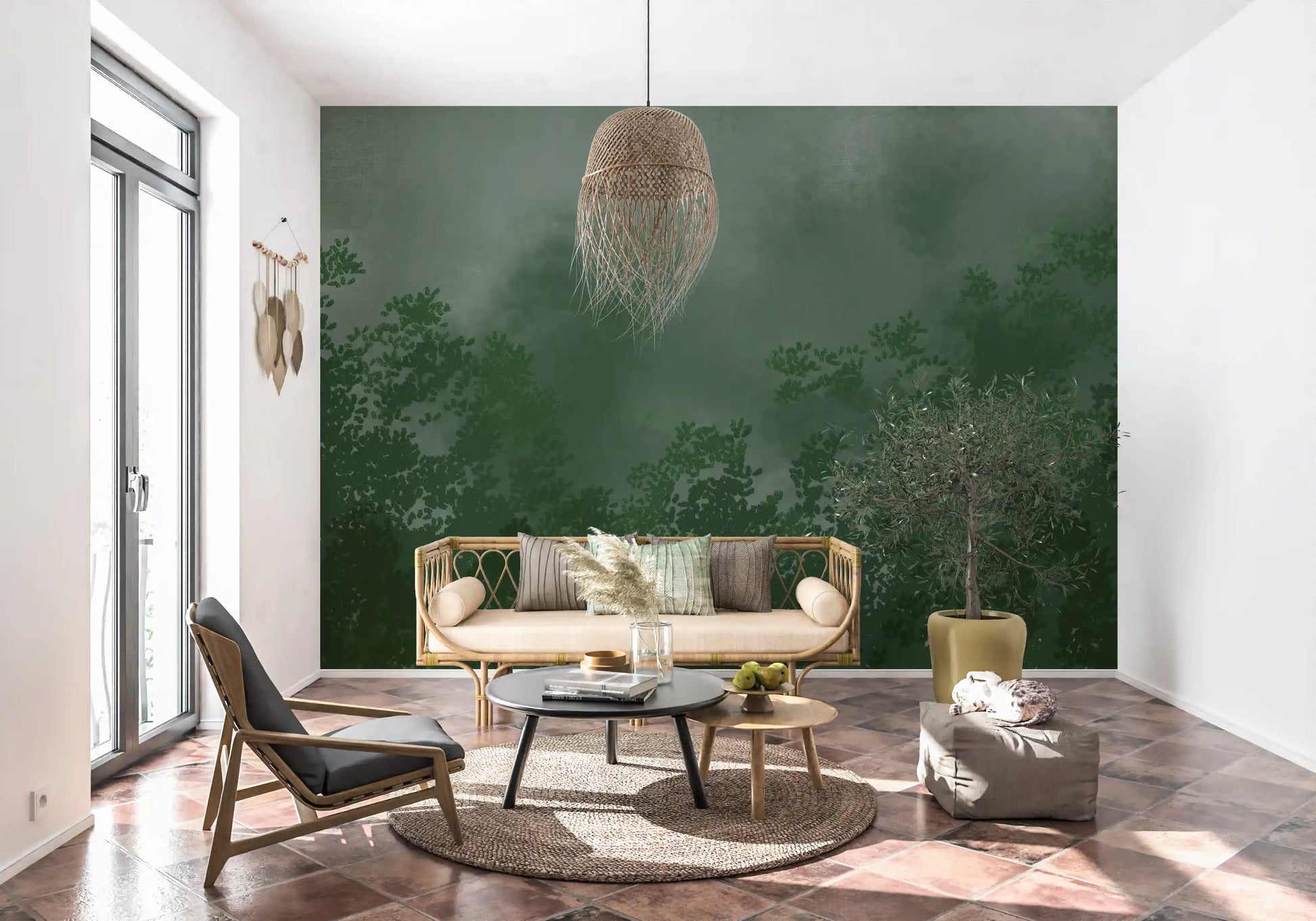 Lounge taking its mood from the dark Emerald Canopy Forest wall mural.
