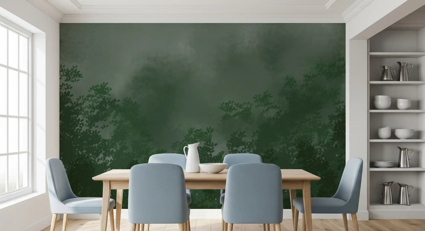 Dark emerald foliage frames this Dining room through the Canopy Mist wall mural.